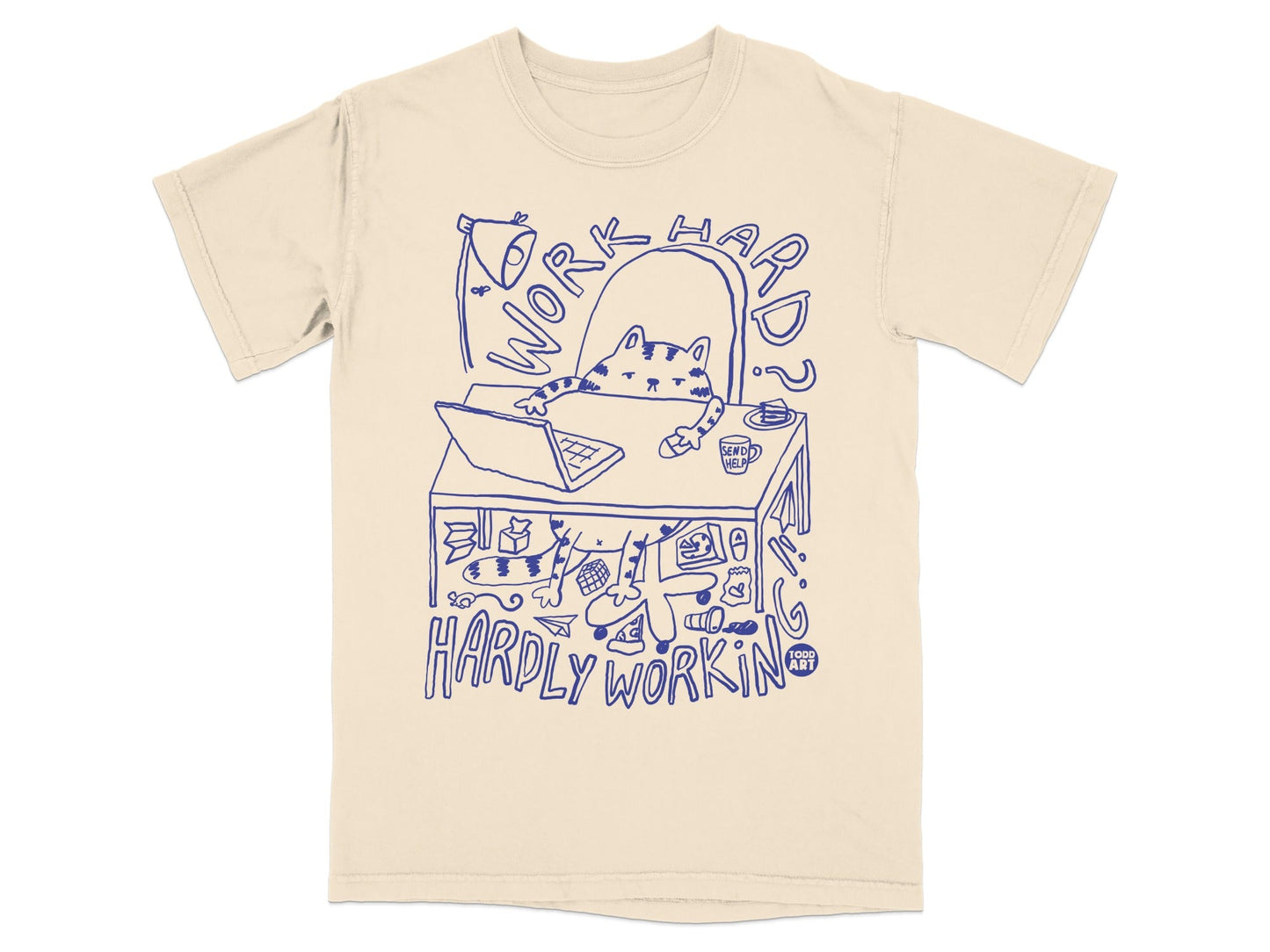 Work Hard Hardly Working Cat Desk Graphic T-Shirt
