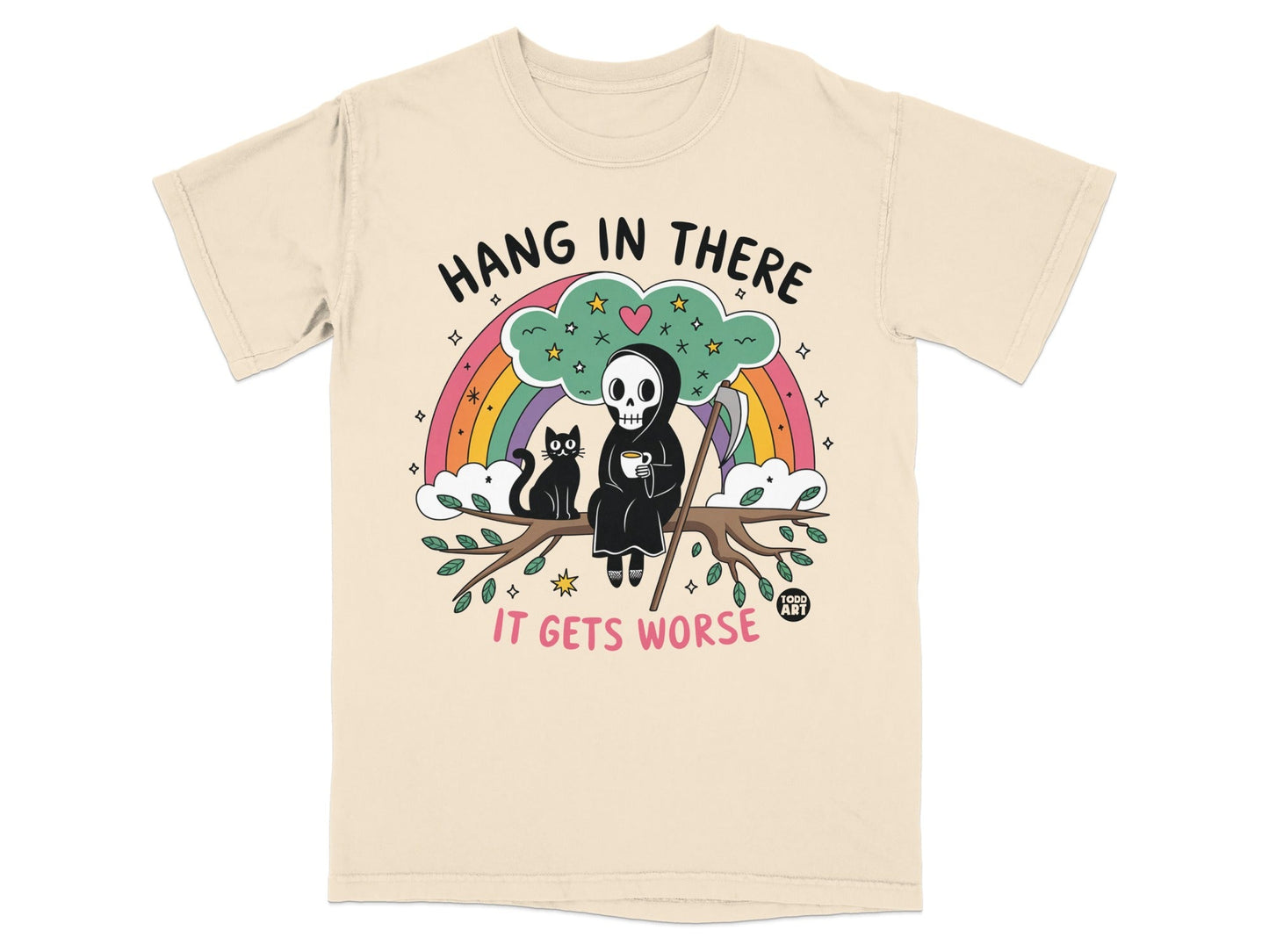 Grim Reaper with black cat and rainbow, "Hang in there, it gets worse" text.