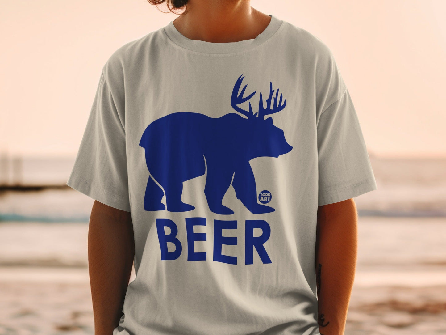 Fun Blue Bear Antlers Beer Graphic T-shirt