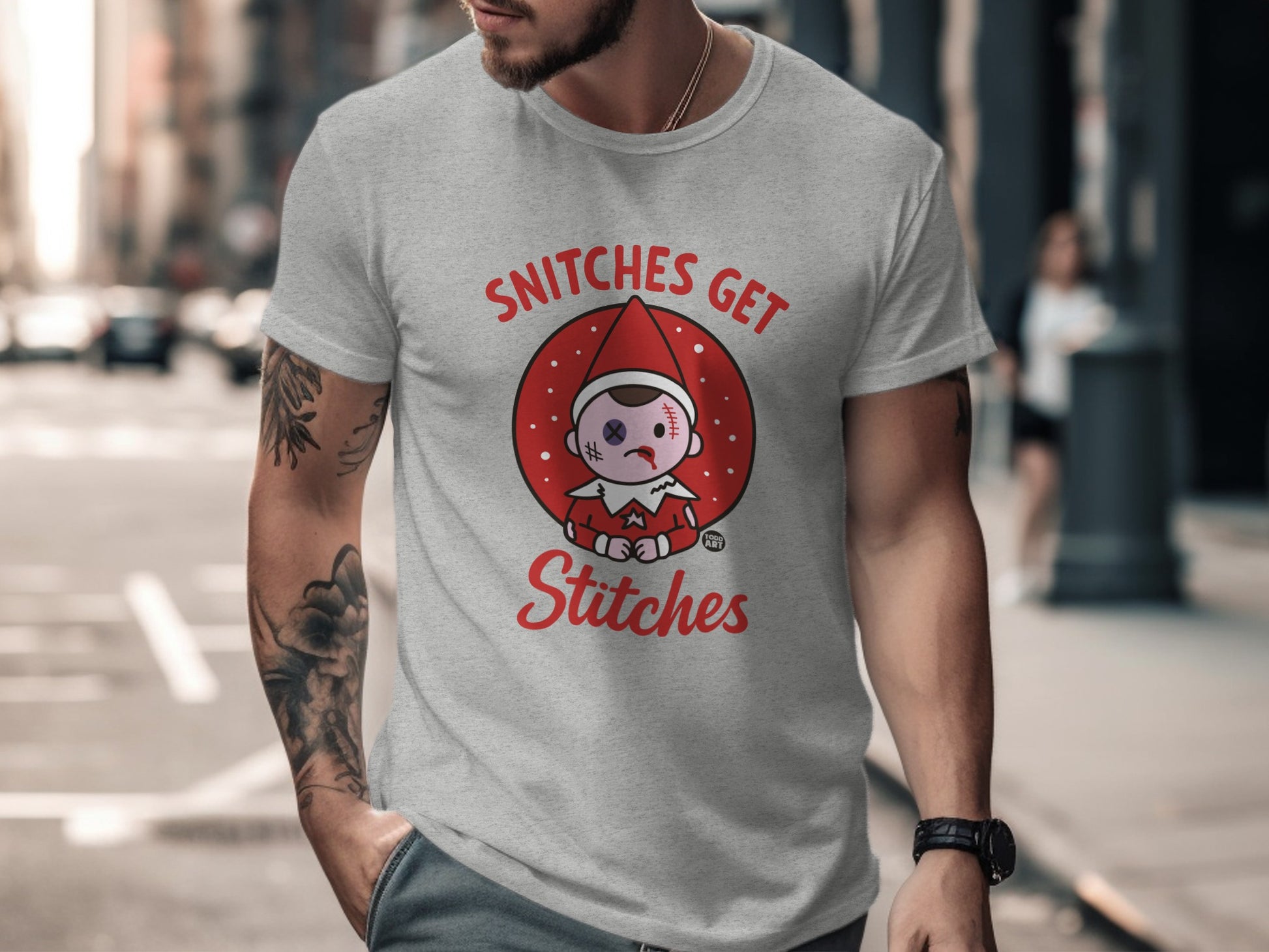Snitches Get Stitches Santa Elf Graphic T-Shirt
