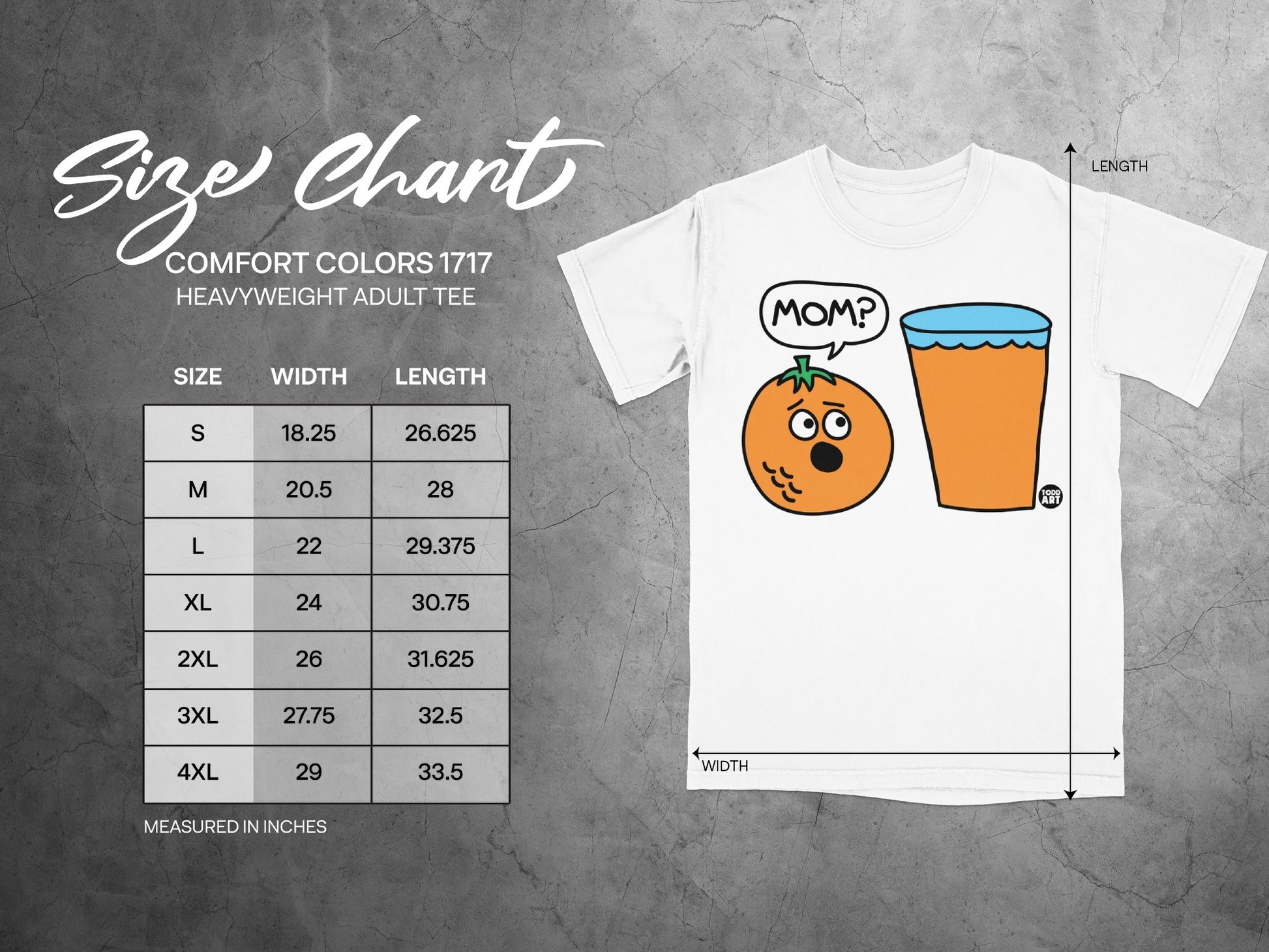 MOM Orange Juice Design Todd Art Size Chart Product Type