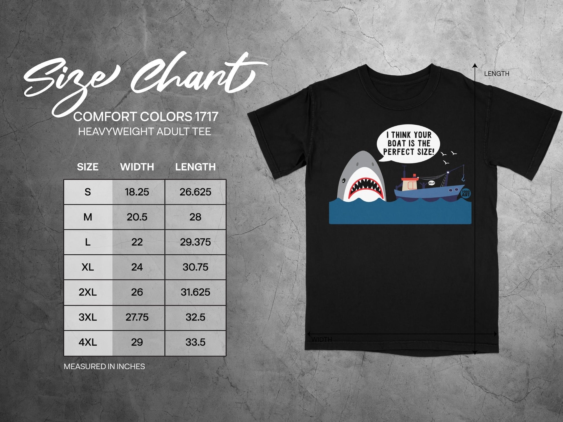 Comfort Colors 1717 heavyweight t-shirt size chart with shark graphic.