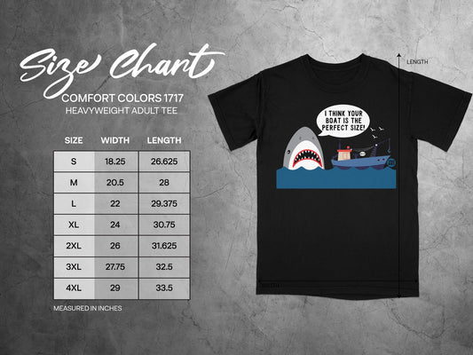 Comfort Colors 1717 heavyweight t-shirt size chart with shark graphic.