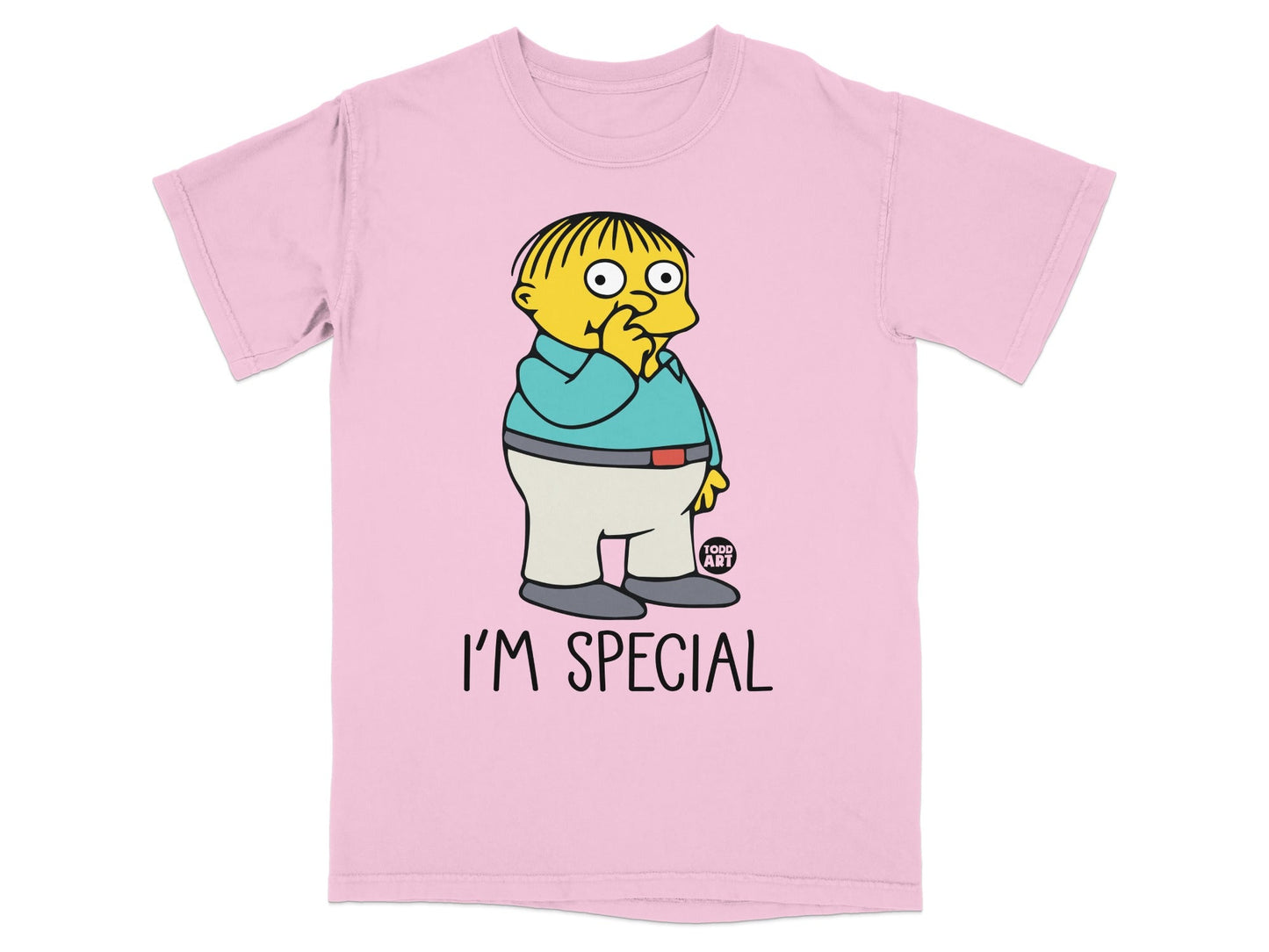 Pink t-shirt featuring Ralph Wiggum from The Simpsons saying "I'm Special."