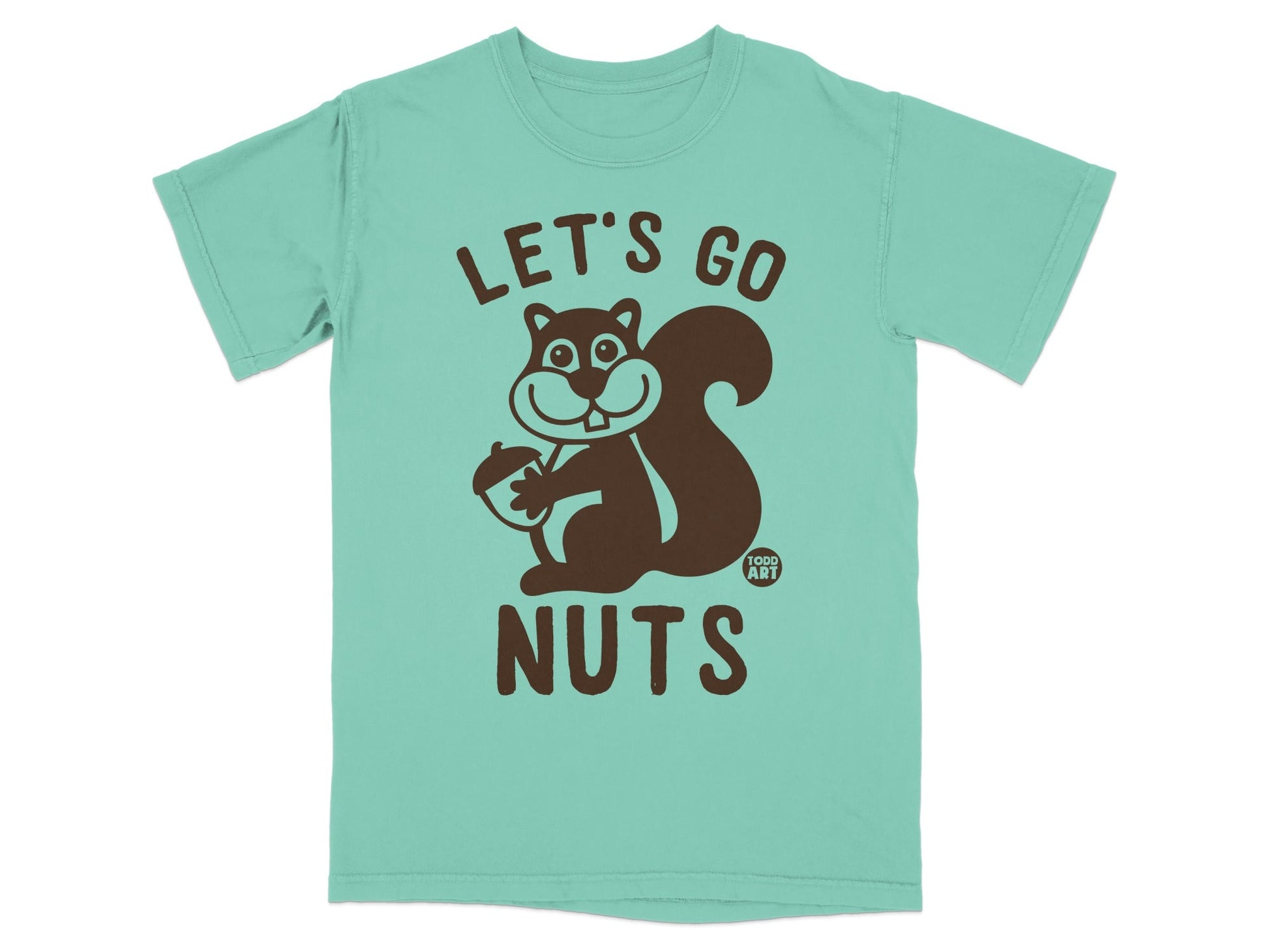 Turquoise t-shirt with "Let's Go Nuts" and a cartoon squirrel holding an acorn.