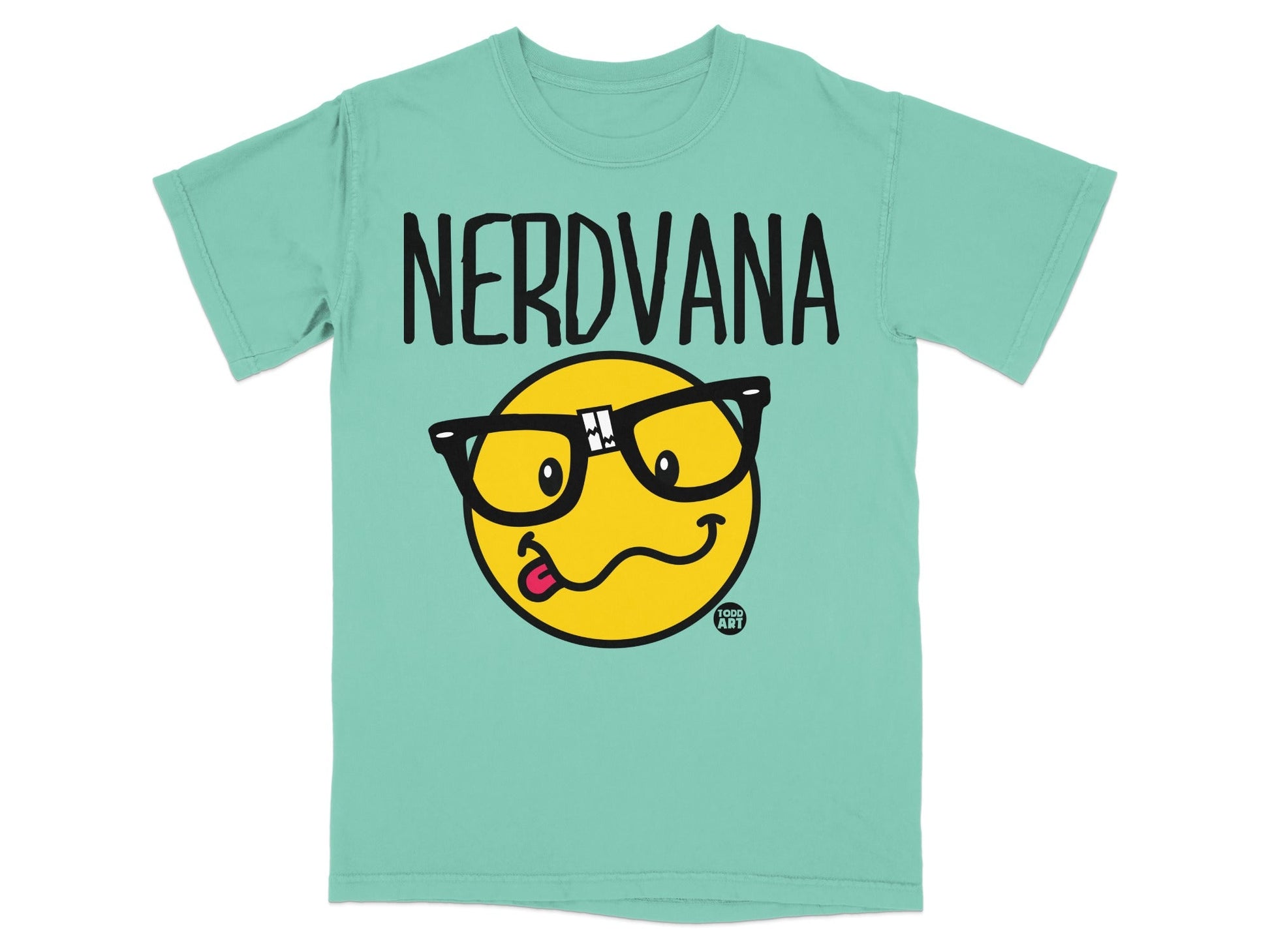 Aqua t-shirt with "NERDVANA" text and a yellow smiley face wearing glasses.