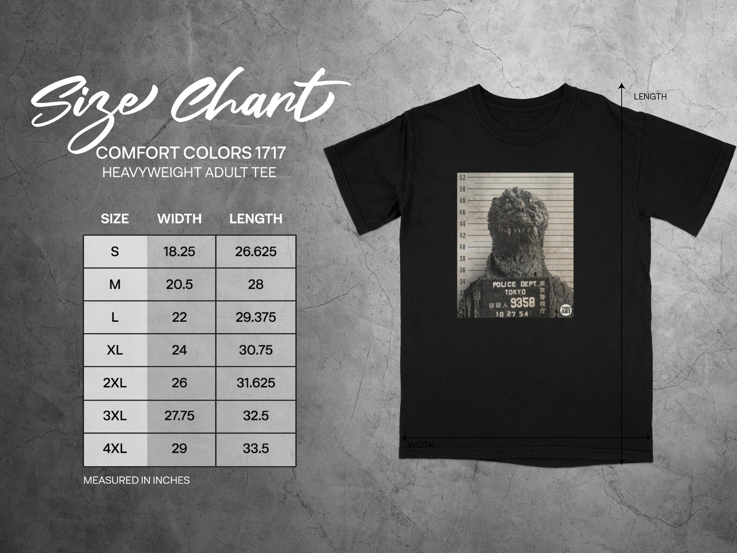 Size chart for a heavyweight adult t-shirt with a Godzilla police mugshot.