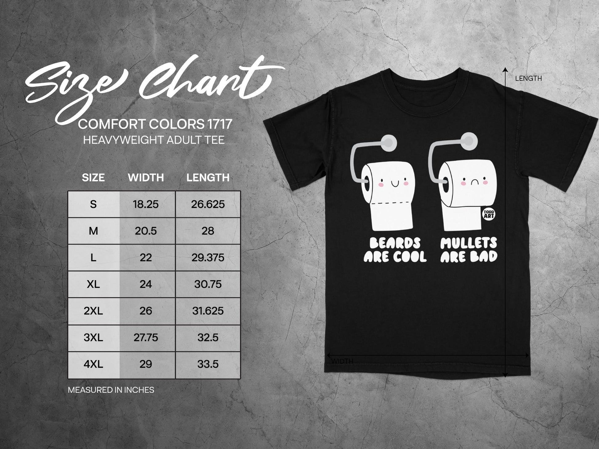 Size chart for Comfort Colors 1717 heavyweight adult tee.
