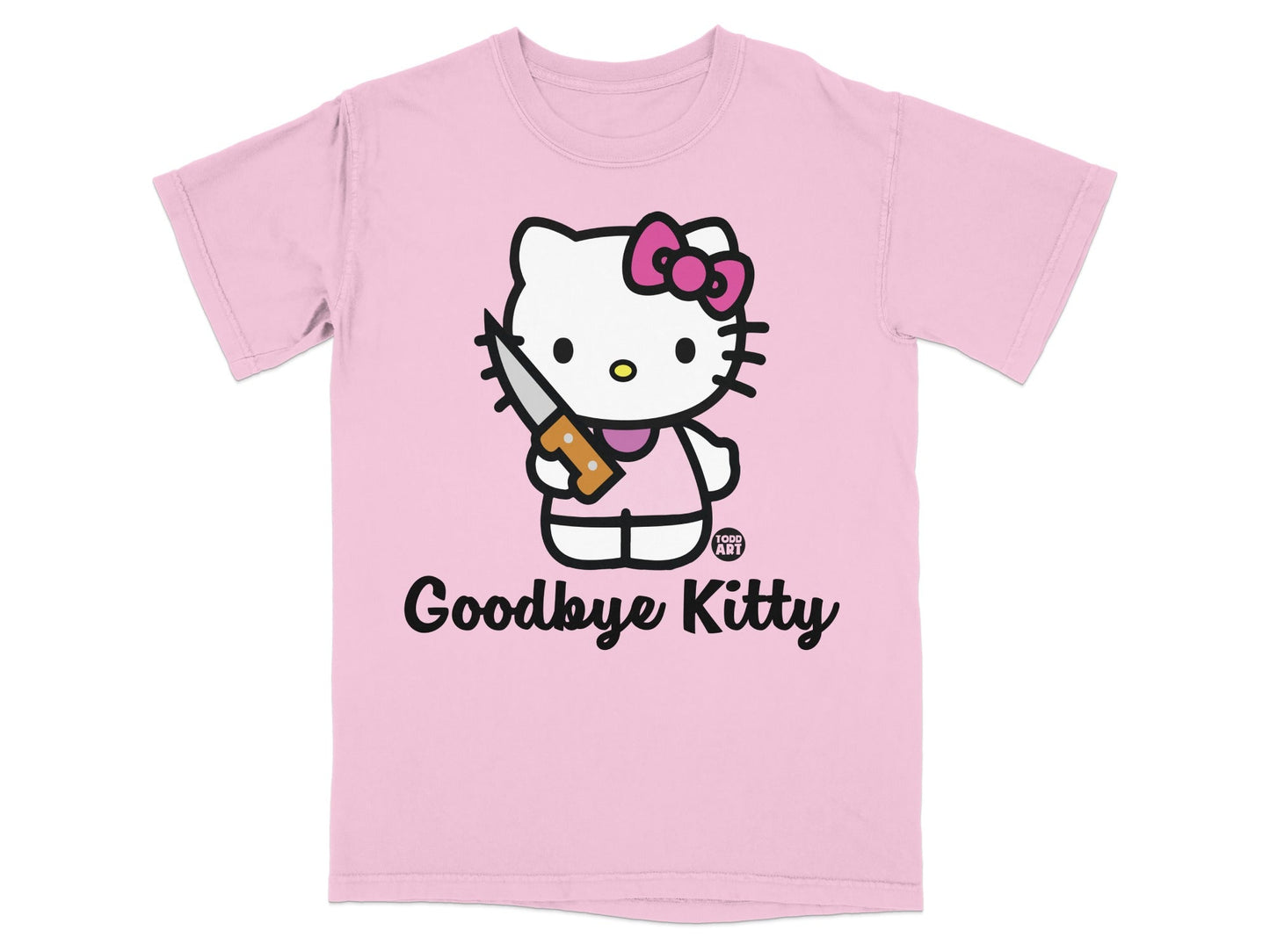 Pink t-shirt with Hello Kitty holding a knife and "Goodbye Kitty" text.