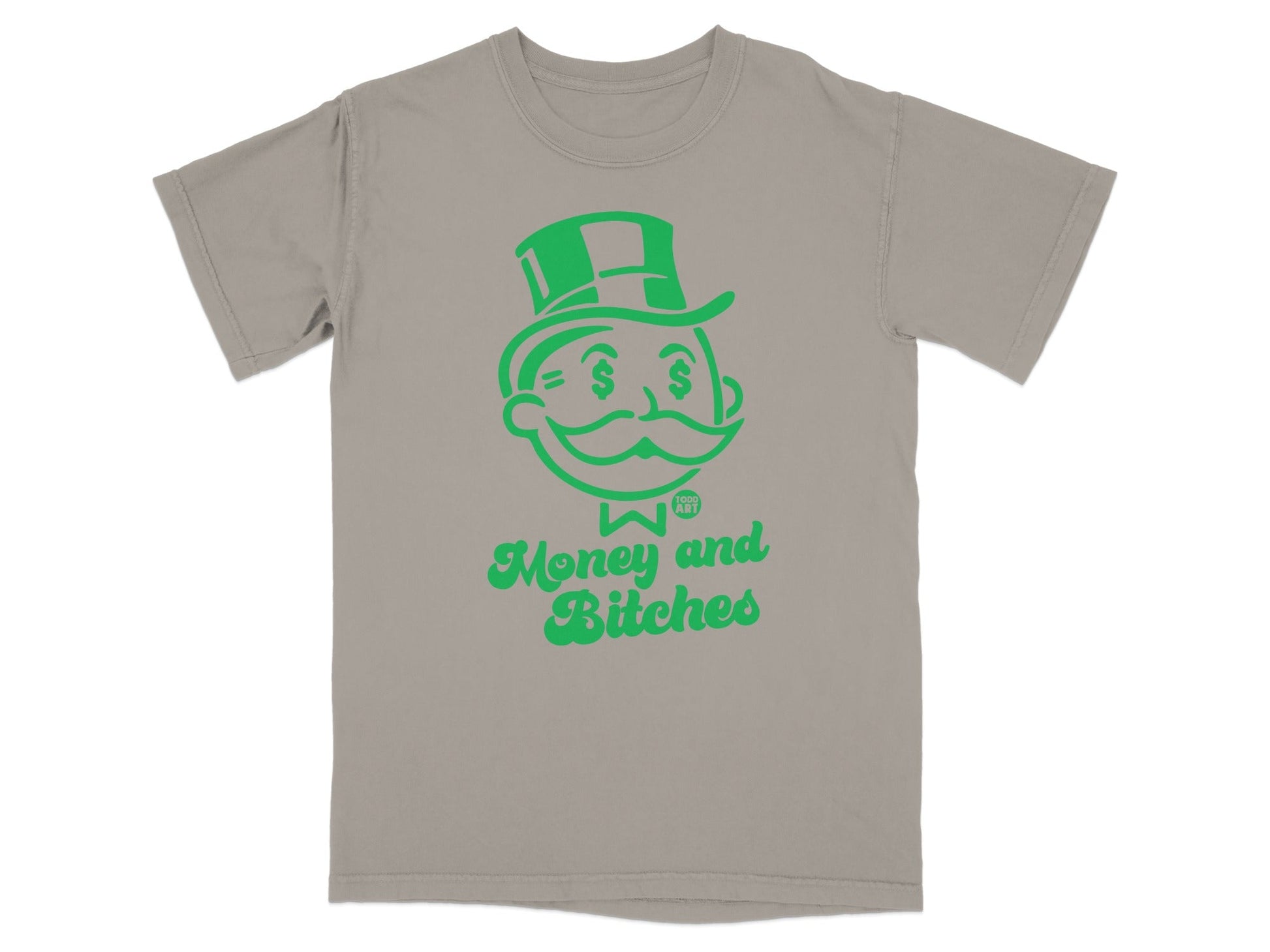 Gray t-shirt with green Monopoly man graphic and "Money and Bitches" text.