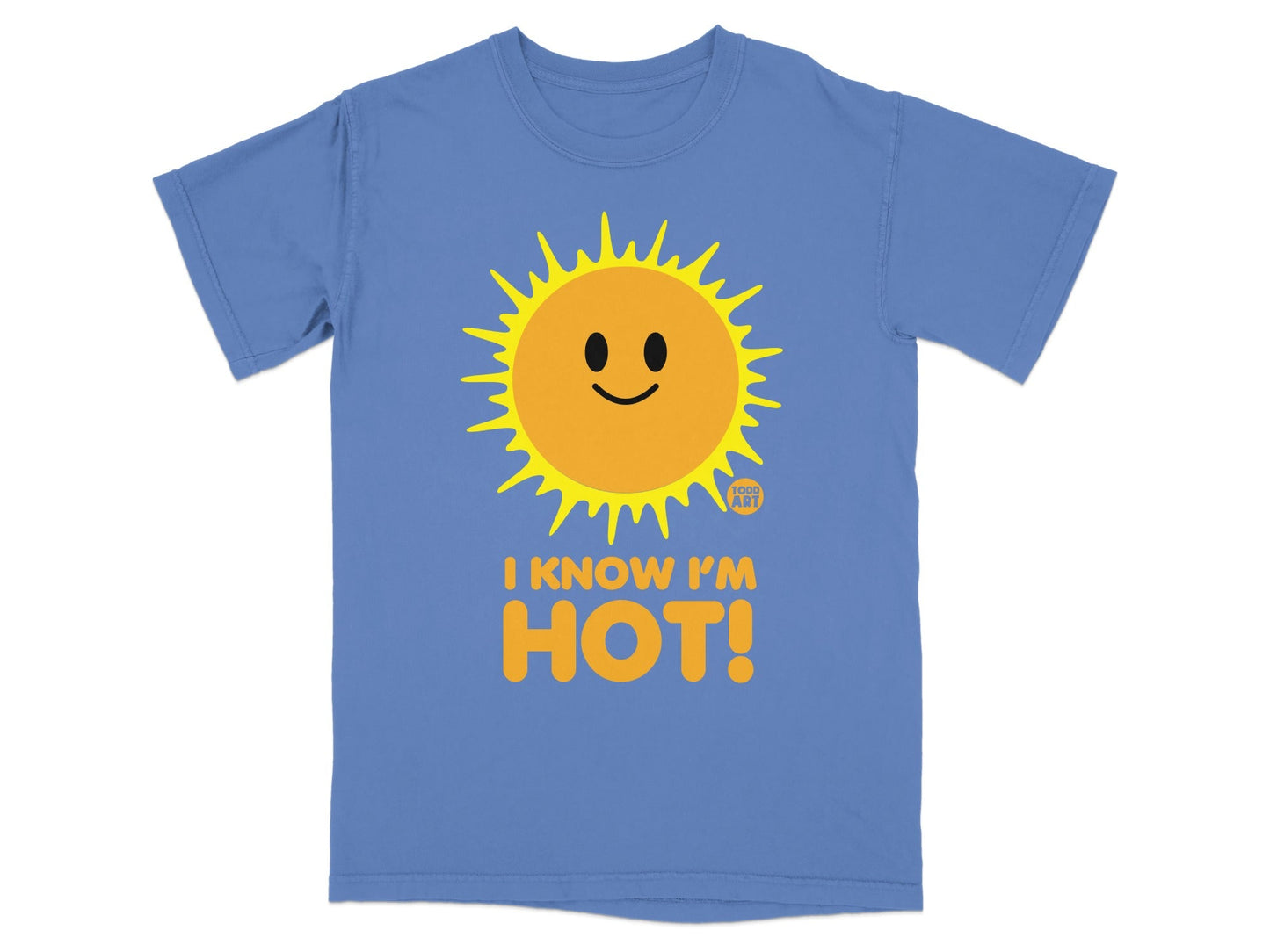 Blue t-shirt with smiling sun graphic and "I KNOW I'M HOT!" text.