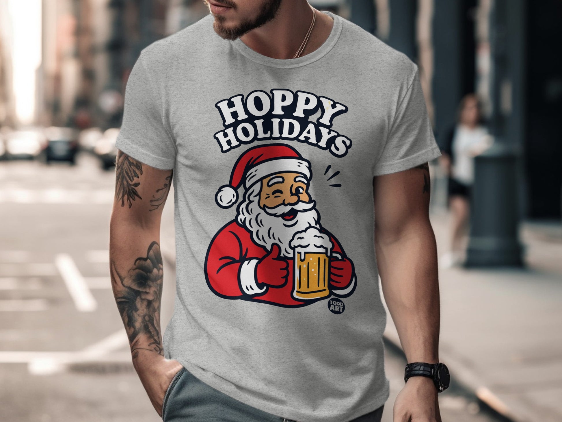 Hoppy Holidays Santa Claus Drinking Beer Graphic Tee