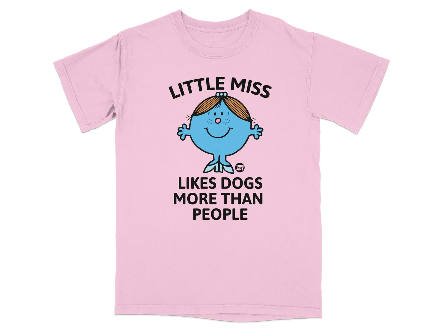 Pink t-shirt with Little Miss character and text "LITTLE MISS LIKES DOGS MORE THAN PEOPLE".