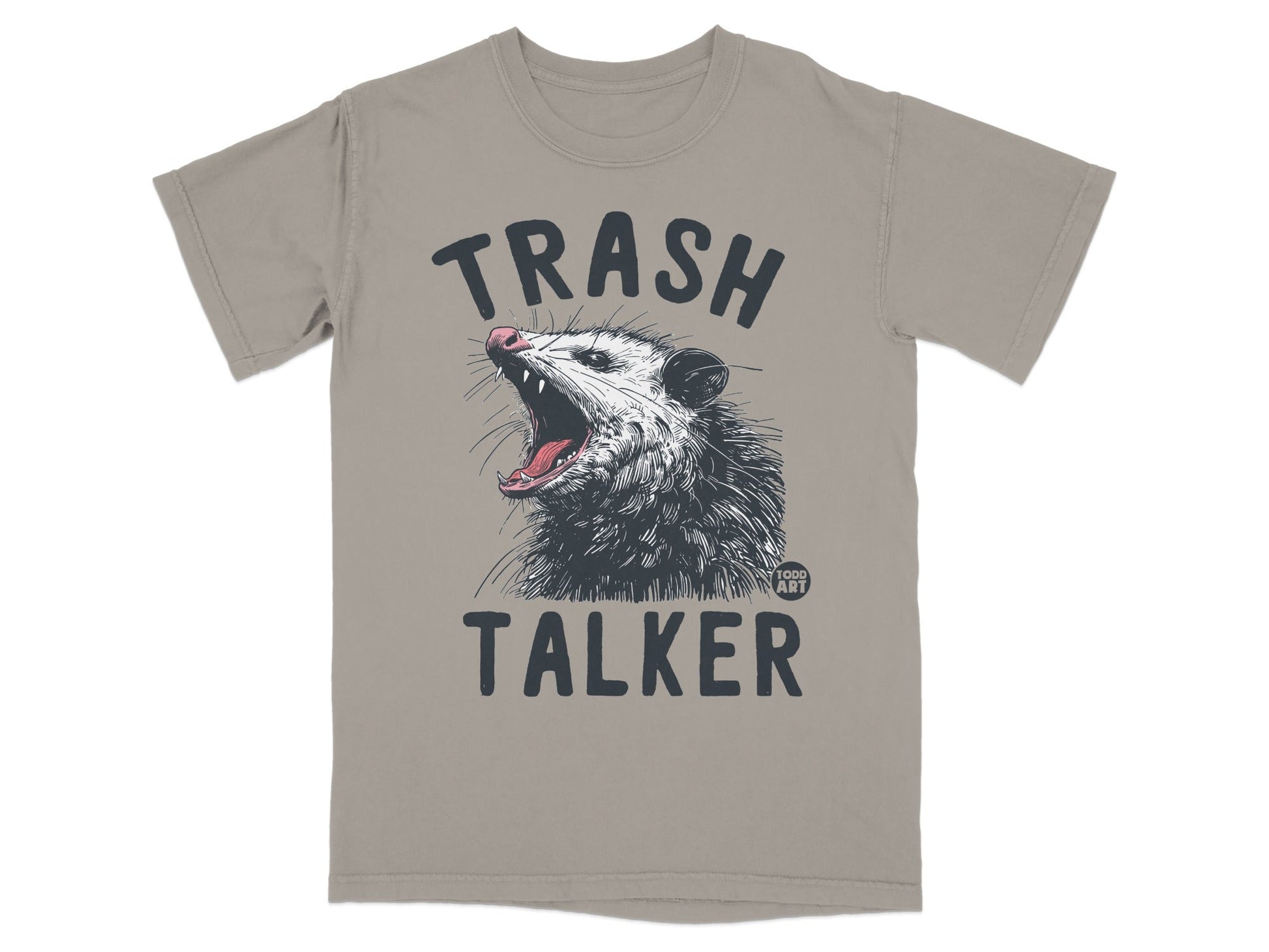Opossum graphic with "TRASH TALKER" text, open mouth, vintage design.
