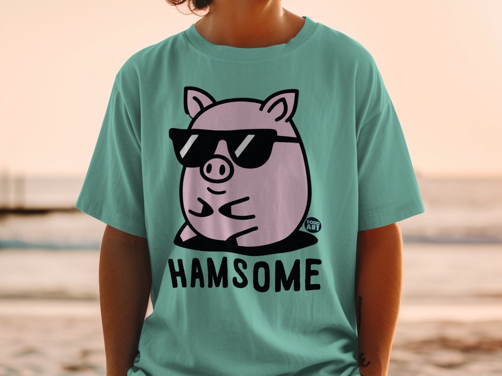 Teal t-shirt with a cartoon pig wearing sunglasses and text "HAMSOME".