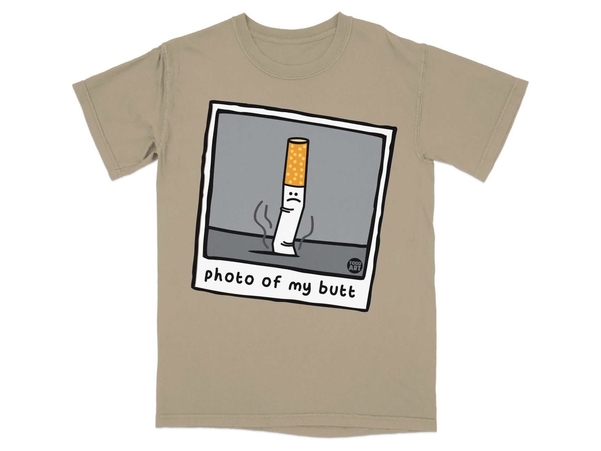T-shirt featuring cartoon cigarette with sad face, text "photo of my butt".