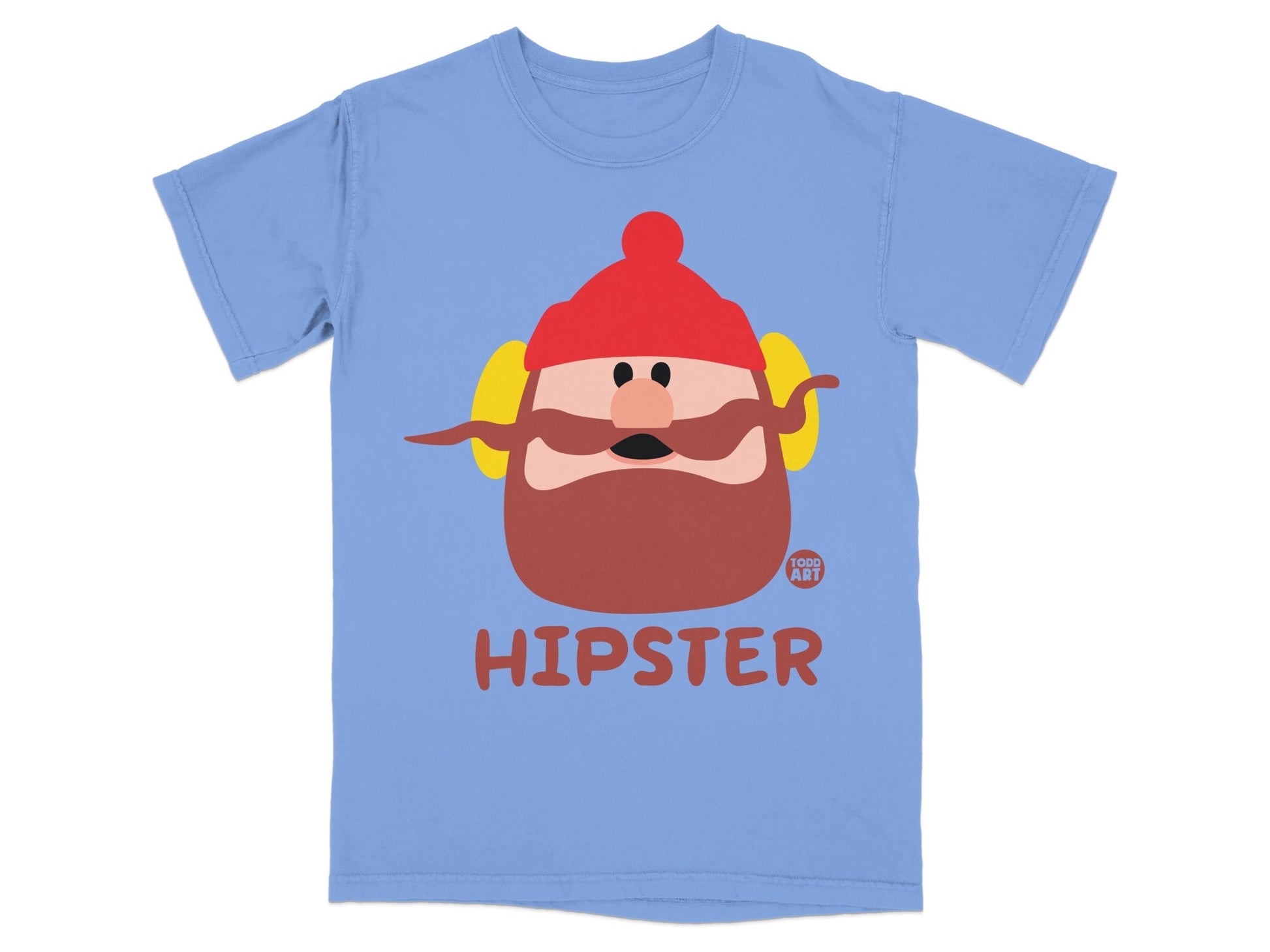 Blue t-shirt with cartoon hipster character wearing a red hat and headphones.