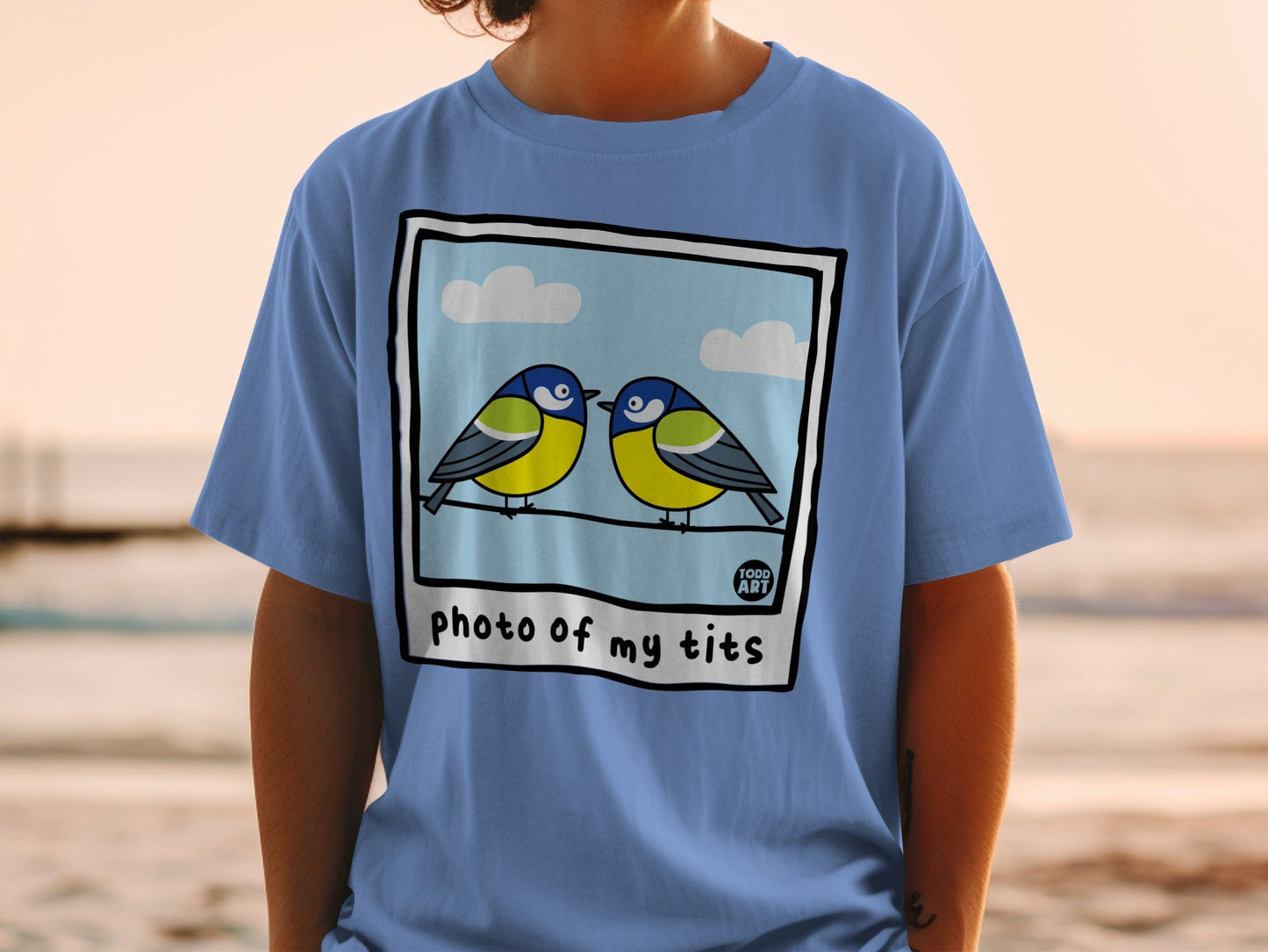 Two blue and yellow birds perched on a wire, "Photo of my tits" text below.