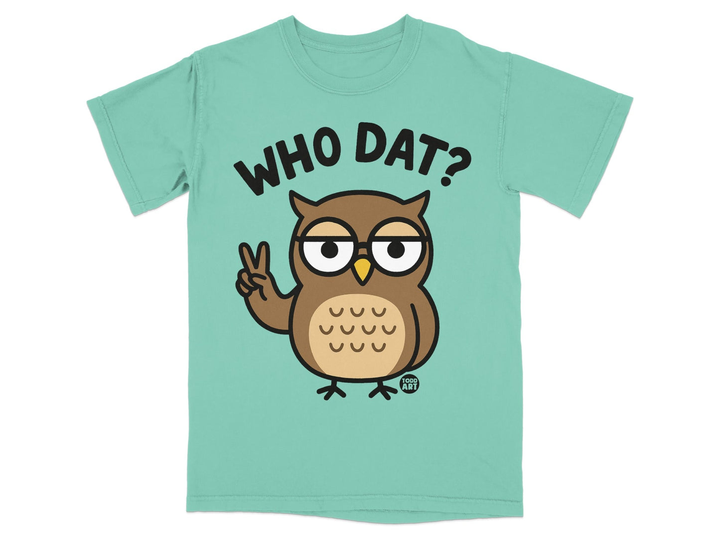 T-shirt with cartoon owl making peace sign and "WHO DAT?" text.