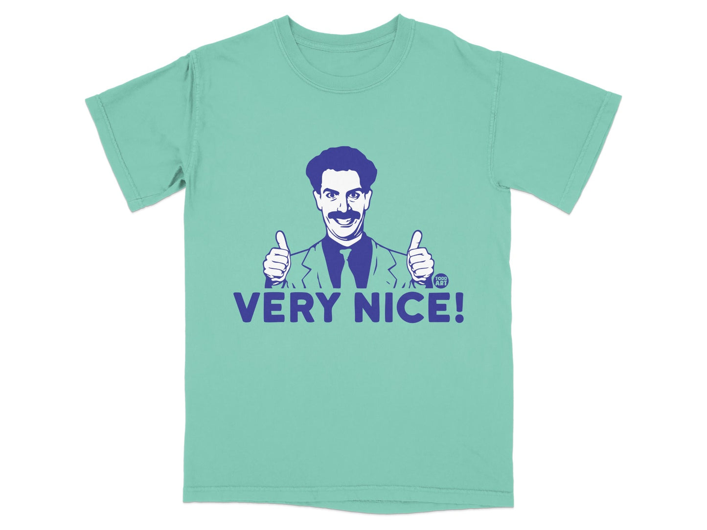 Borat giving two thumbs up on a t-shirt, saying "VERY NICE!".