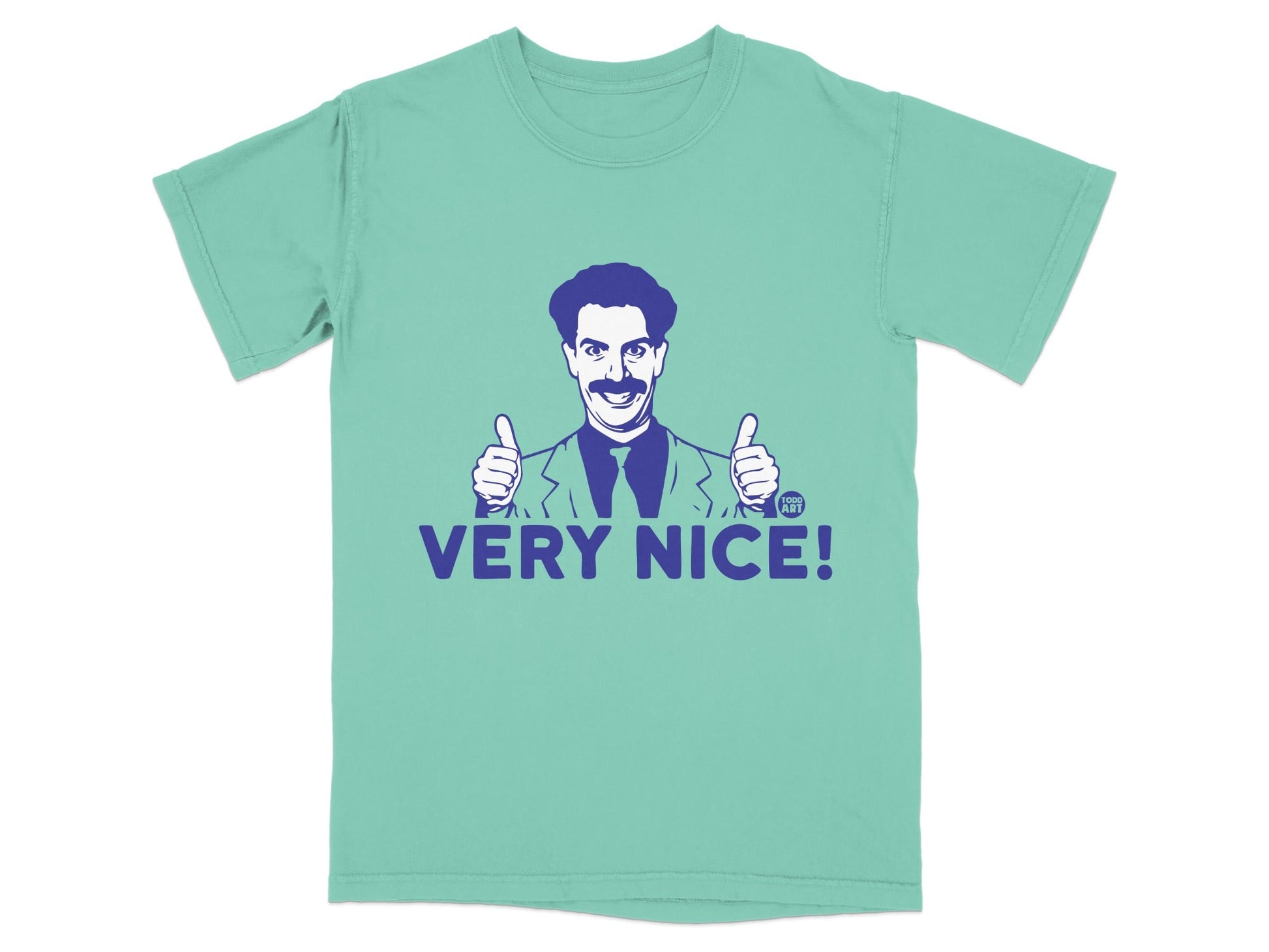 Borat giving two thumbs up on a t-shirt, saying "VERY NICE!".