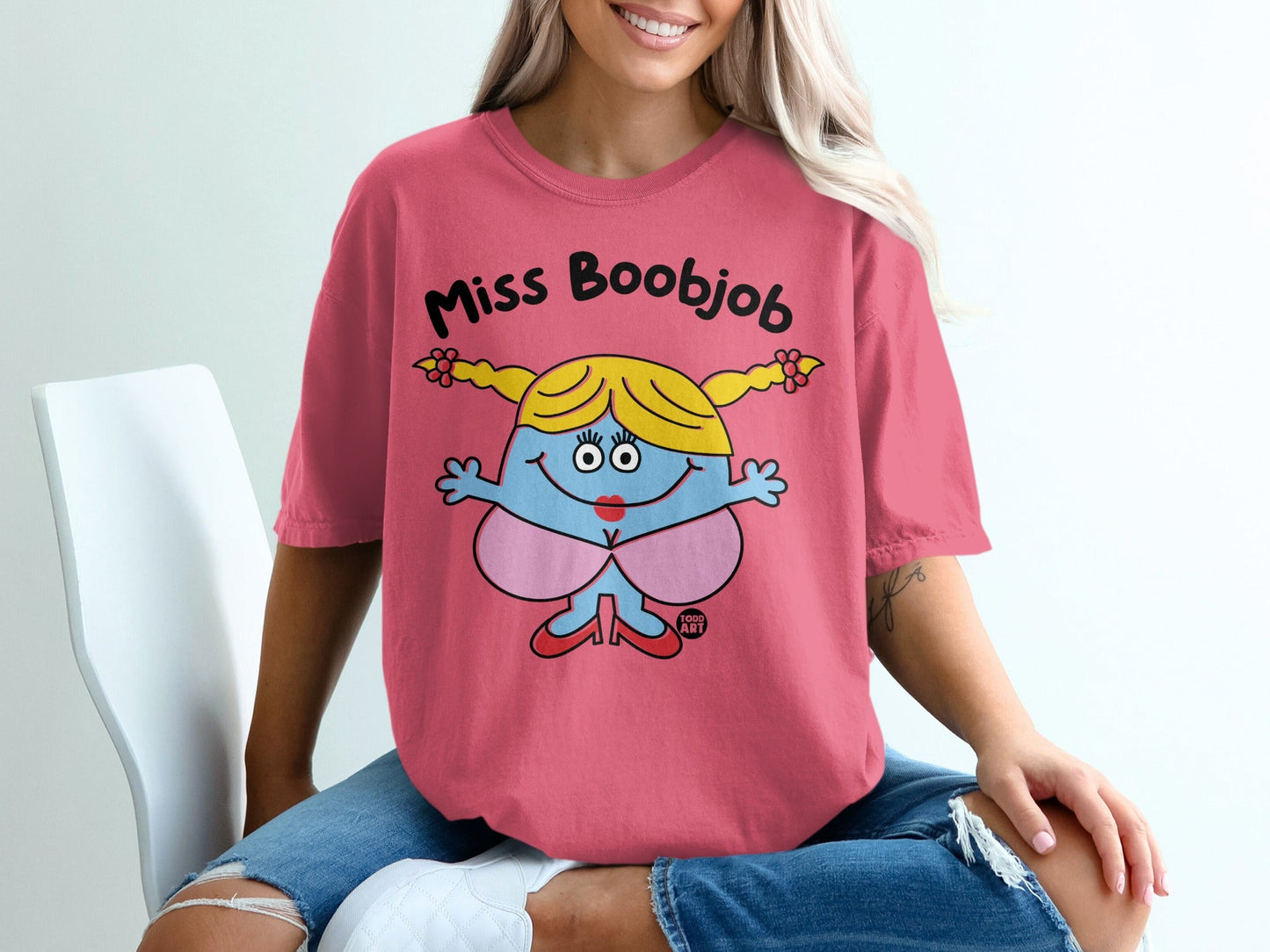 Miss Boobjob Graphic Tee in Pink Funny Cartoon Shirt