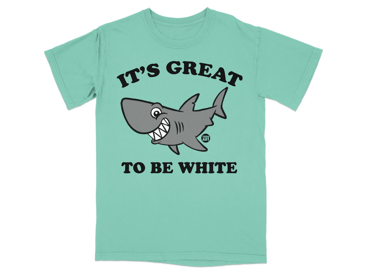 Teal t-shirt with a cartoon shark and text "IT'S GREAT TO BE WHITE."