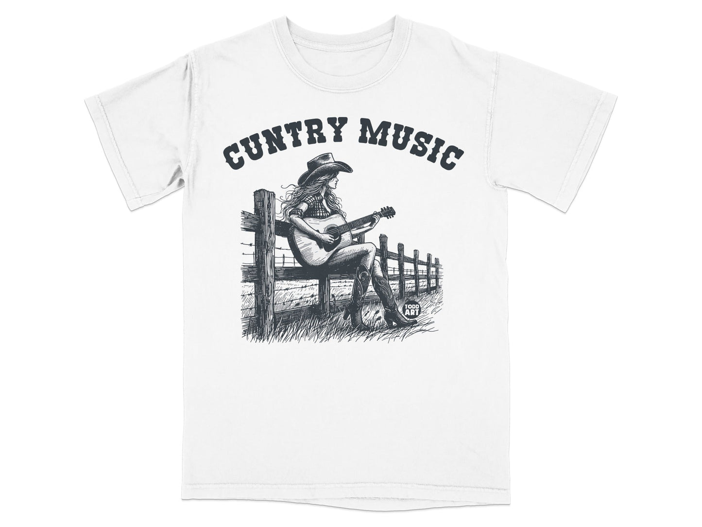 Woman in cowboy hat playing guitar on fence, "CUNTry Music" text.