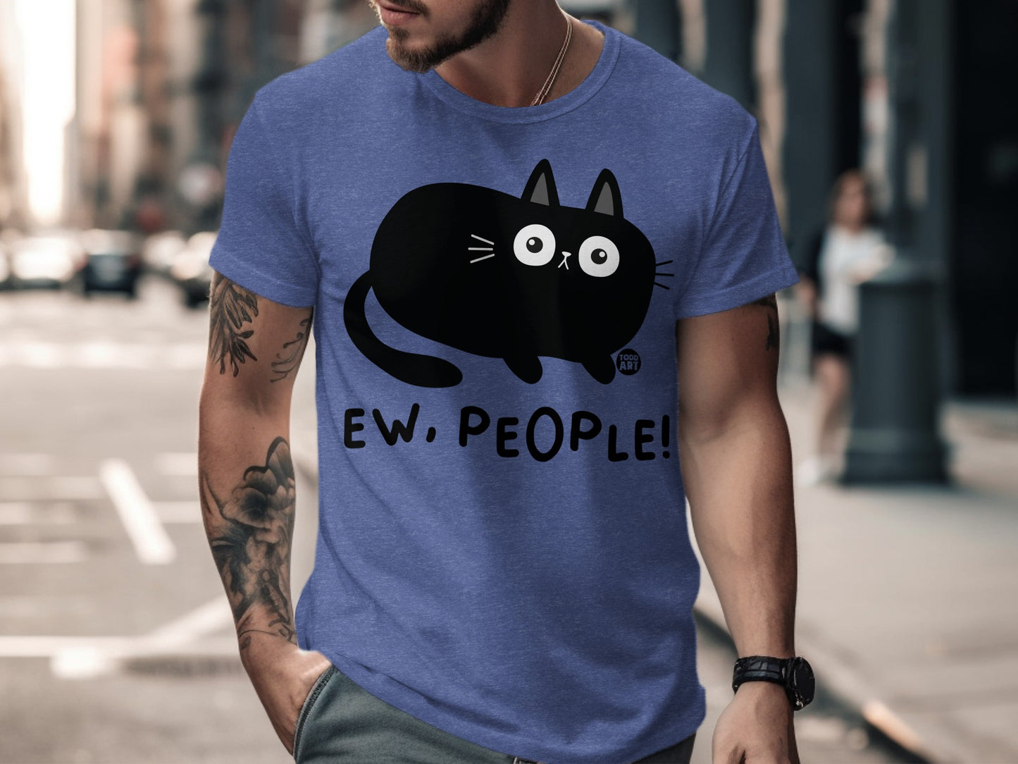 Ew People Cat Graphic Blue T-Shirt for Casual Wear