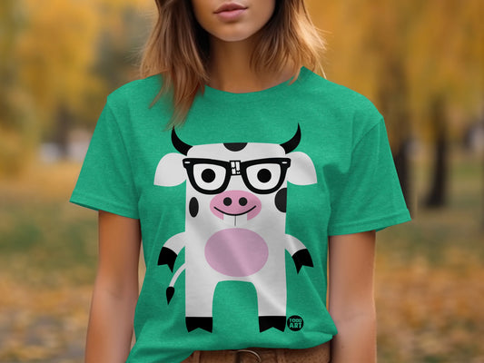 Cute Cartoon Cow with Glasses Green Tee