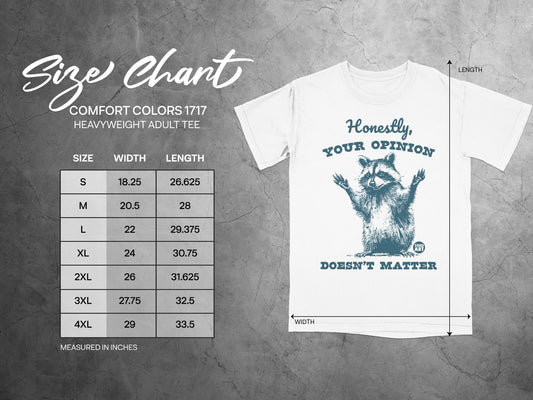Size chart for a Comfort Colors 1717 heavyweight adult tee with a raccoon graphic.