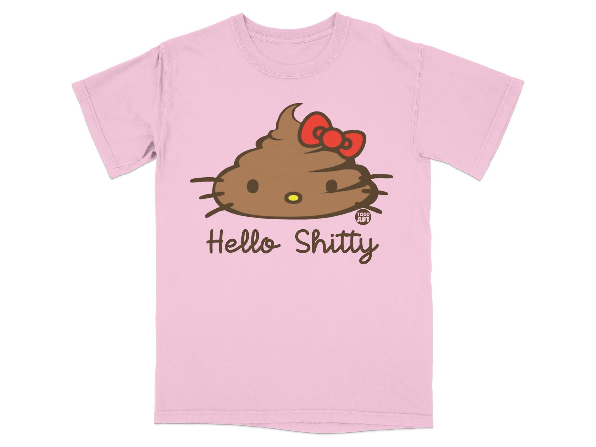 Pink t-shirt with a brown Hello Kitty-like figure made of poop and the words "Hello Shitty".