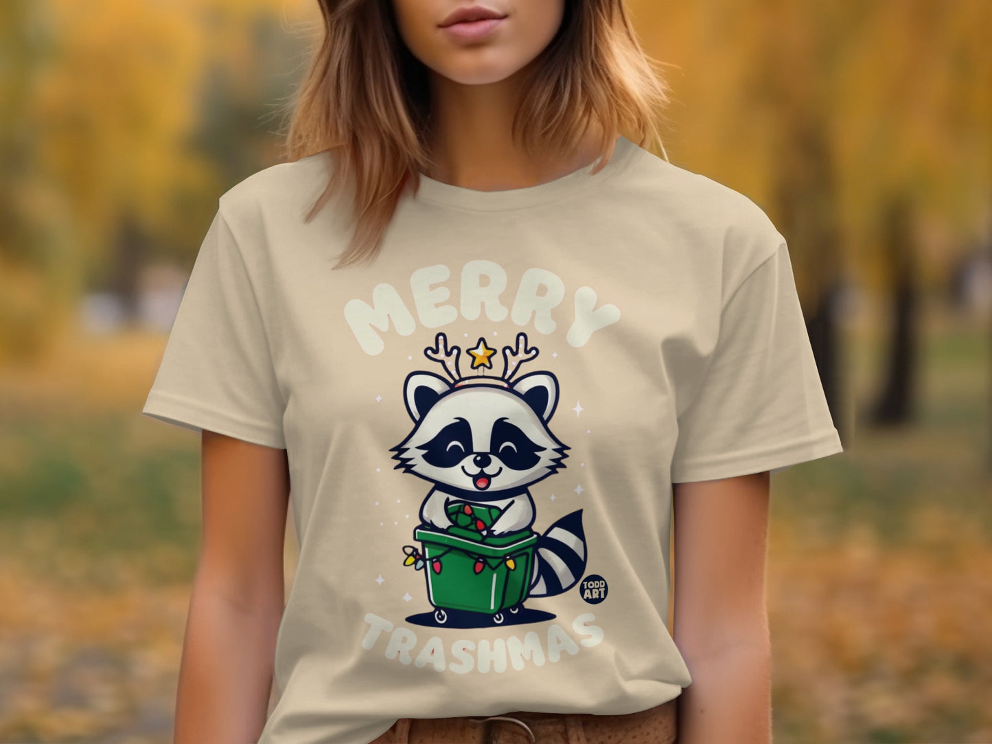 Merry Trashmas T-shirt with Cute Festive Racoon Design