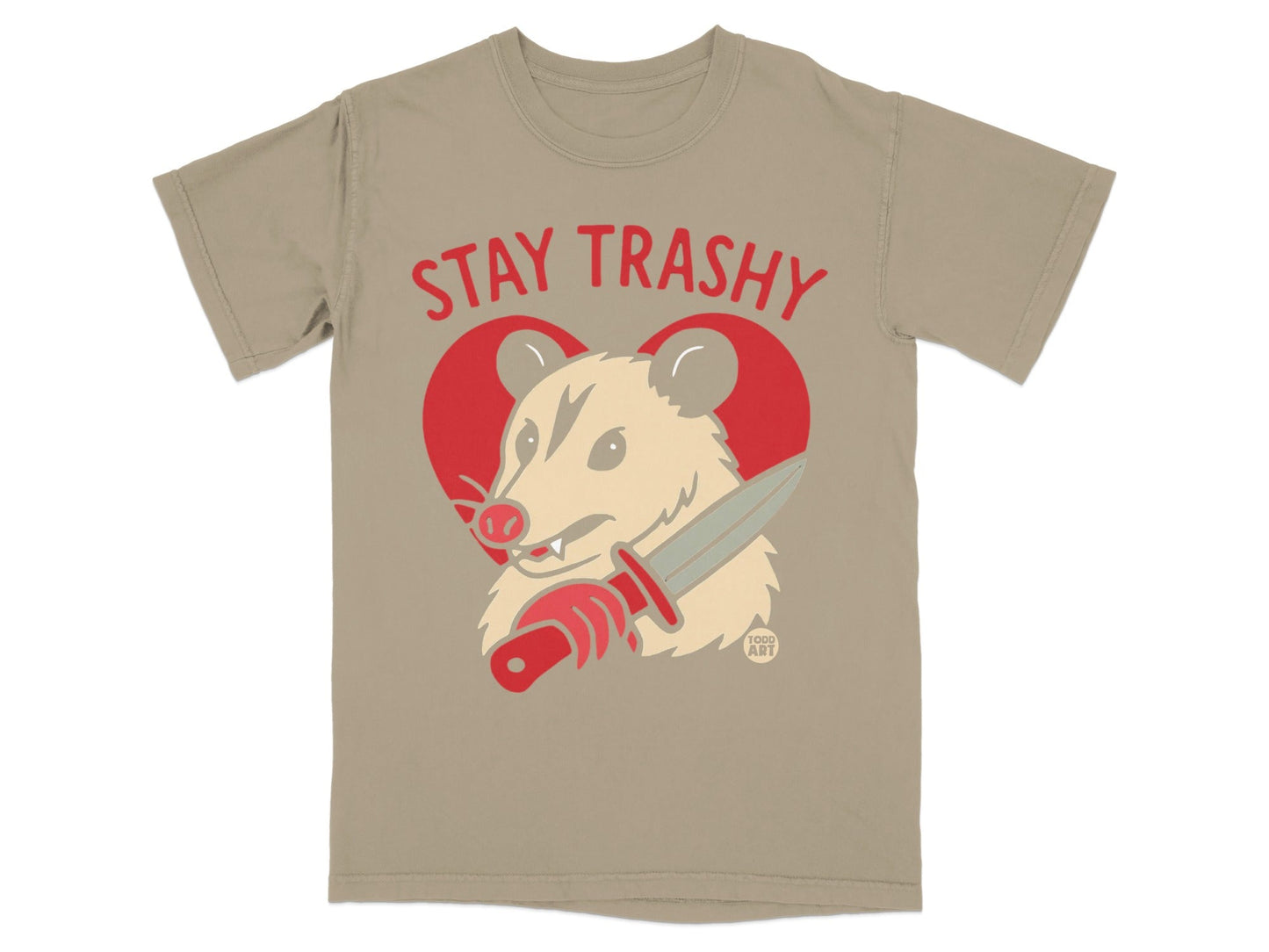 T-shirt with possum wearing a heart and holding a knife, "STAY TRASHY" text.
