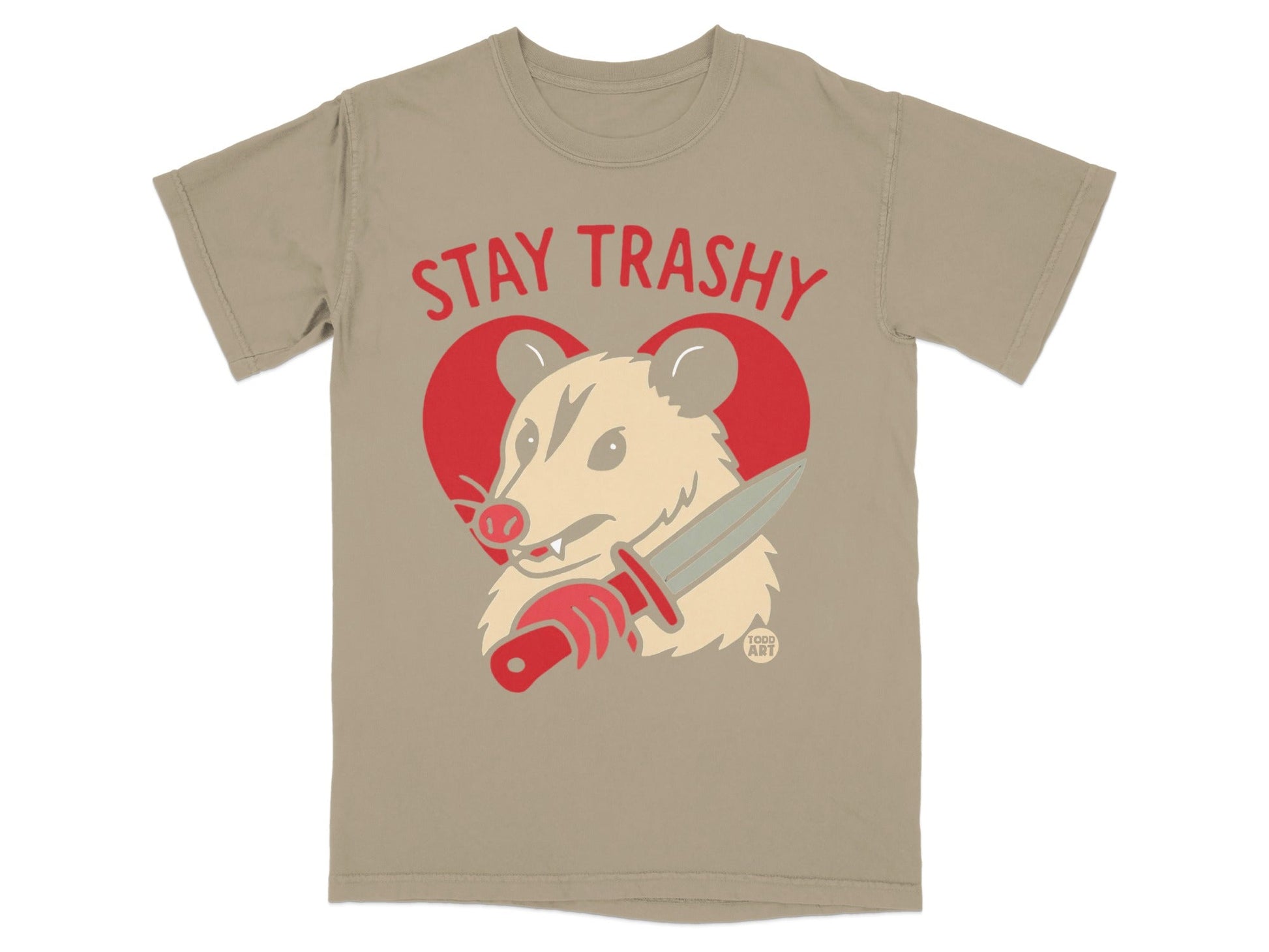 T-shirt with possum wearing a heart and holding a knife, "STAY TRASHY" text.
