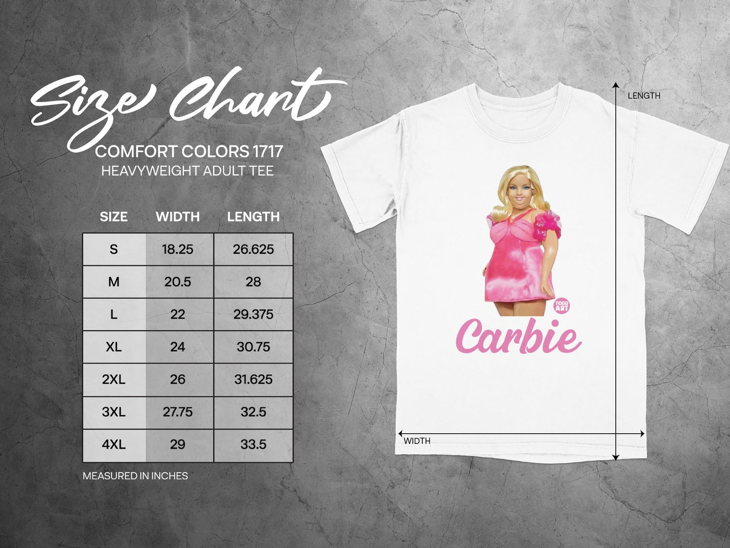 Comfort Colors 1717 size chart for heavyweight adult tee with Barbie graphic.