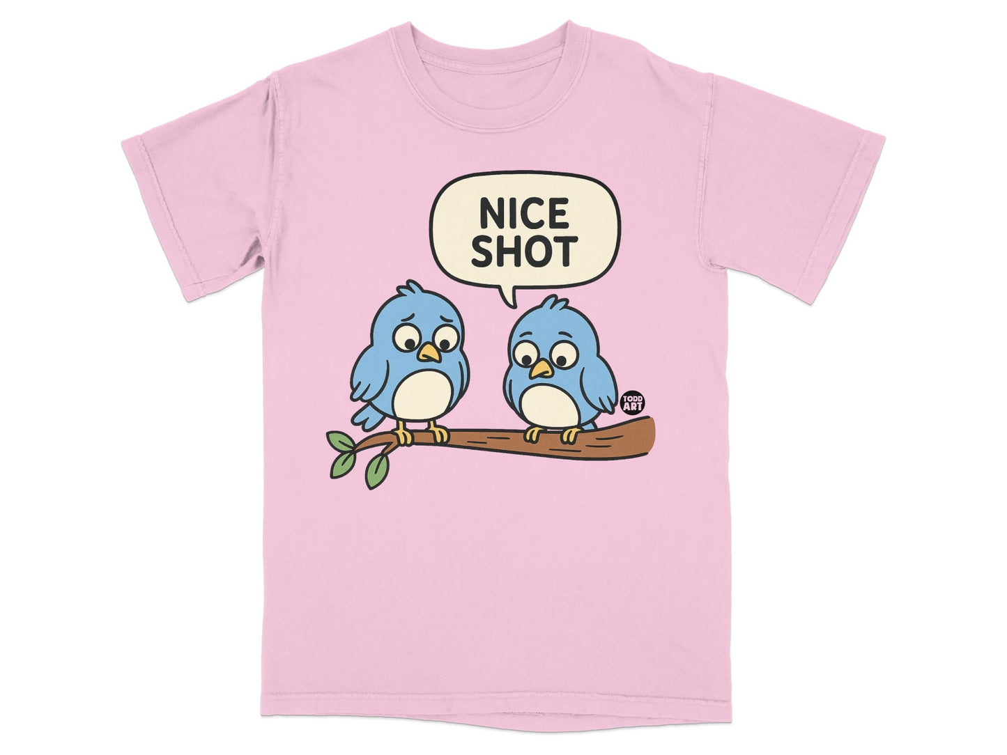 Cartoon Blue Birds 'Nice Shot' Pink T-shirt