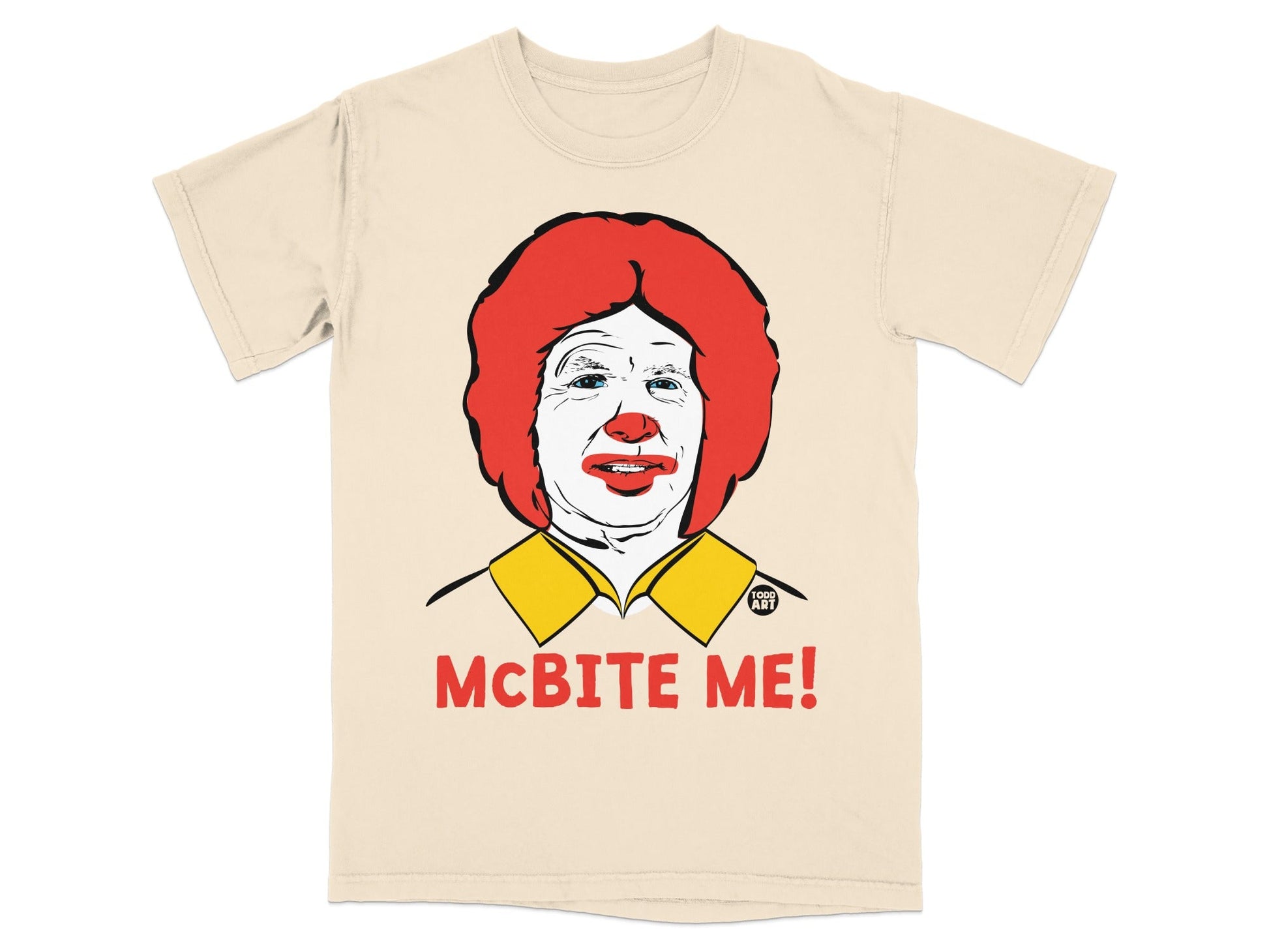 T-shirt with cartoon Ronald McDonald face and text "McBITE ME!".