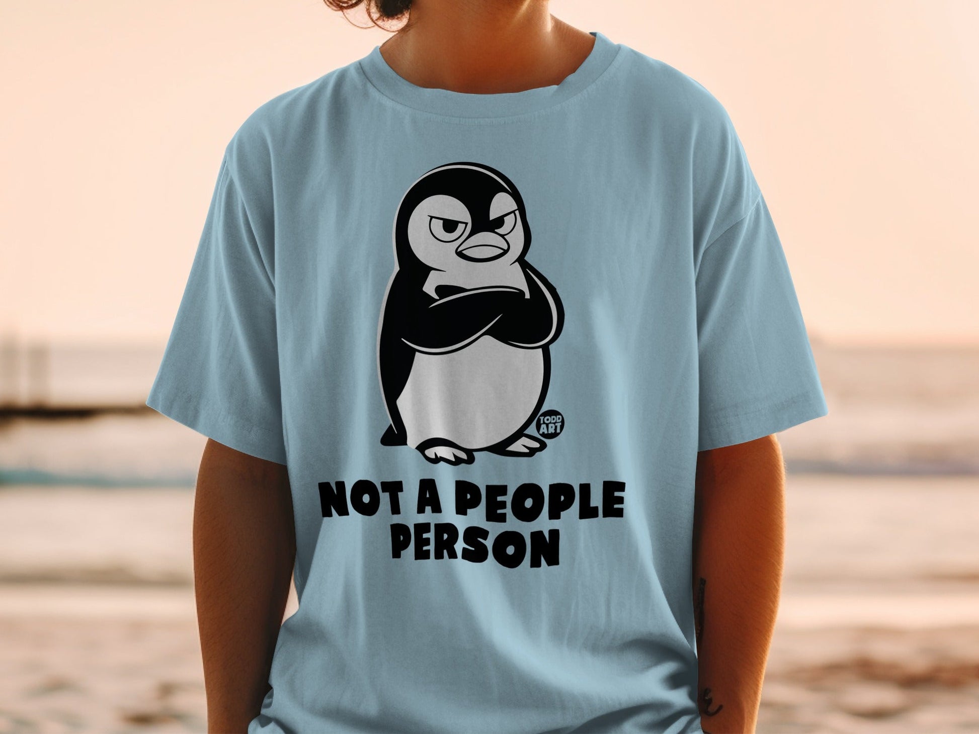 Light blue t-shirt with a grumpy cartoon penguin and text "NOT A PEOPLE PERSON".