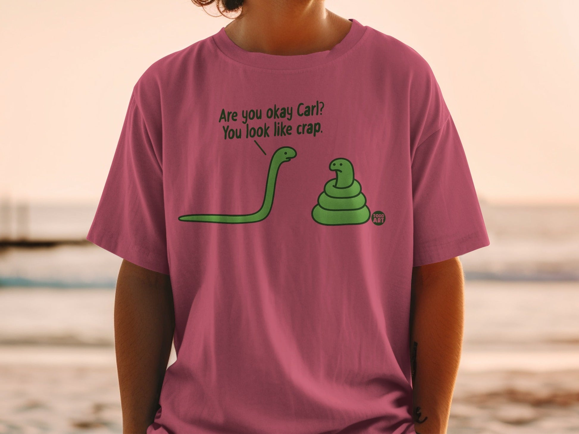 Green snake asking coiled snake "Are you okay Carl? You look like crap."
