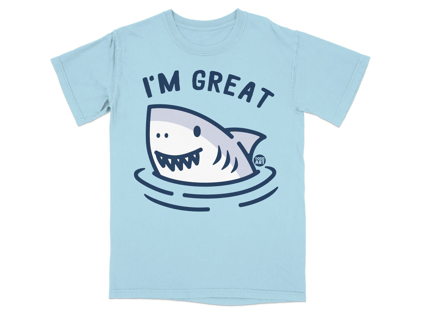 Light blue t-shirt with cartoon shark and text "I'M GREAT".