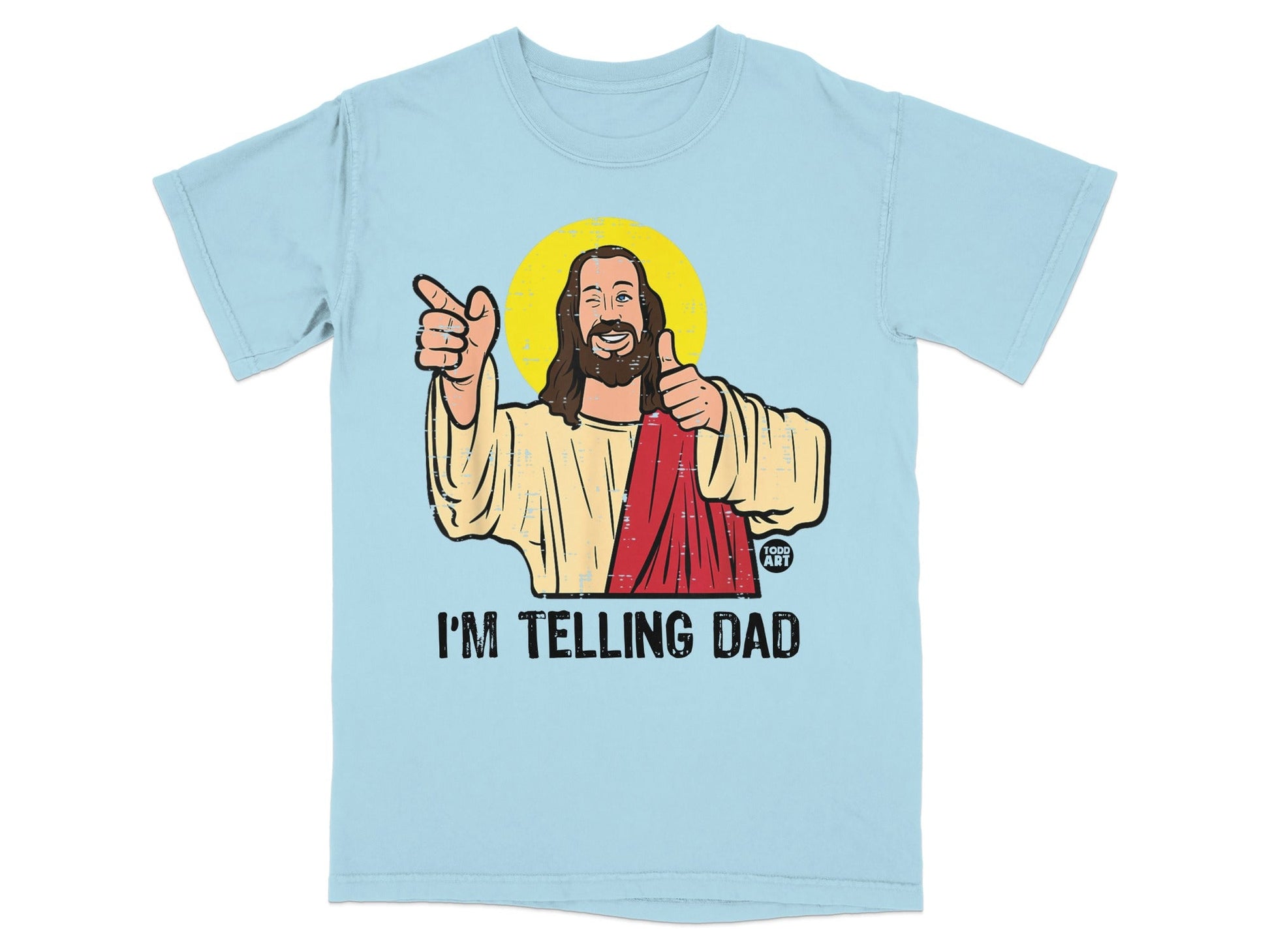 Jesus with thumbs up and pointing, text reads "I'M TELLING DAD".