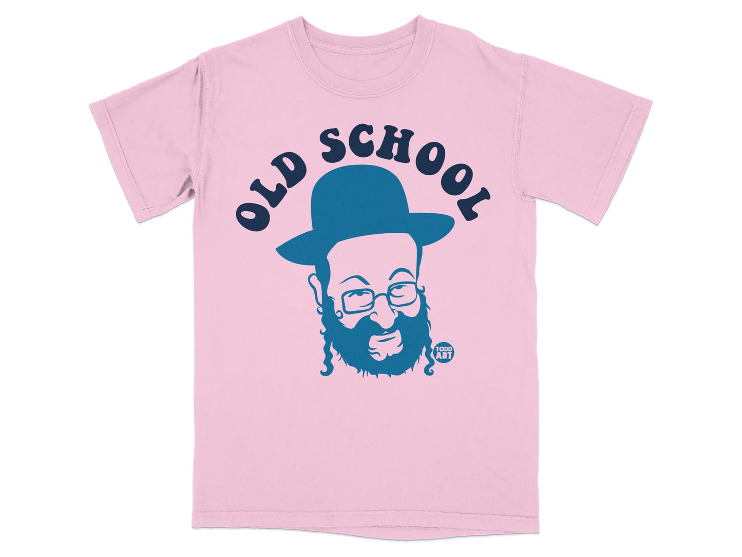 Pink t-shirt with "Old School" text and a bearded man in a hat.