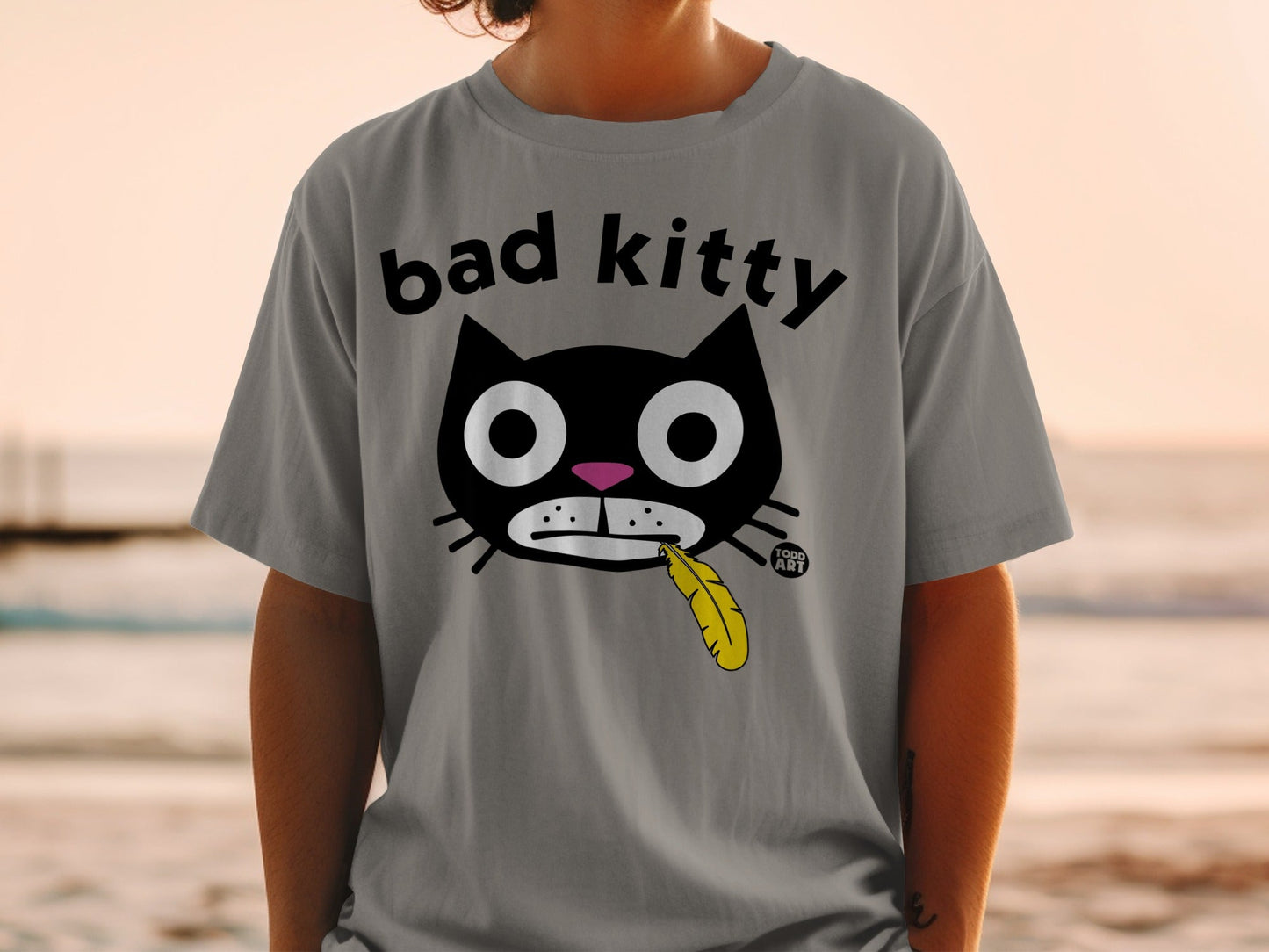 Cute Bad Kitty Graphic Tee with Feather Print Shirt