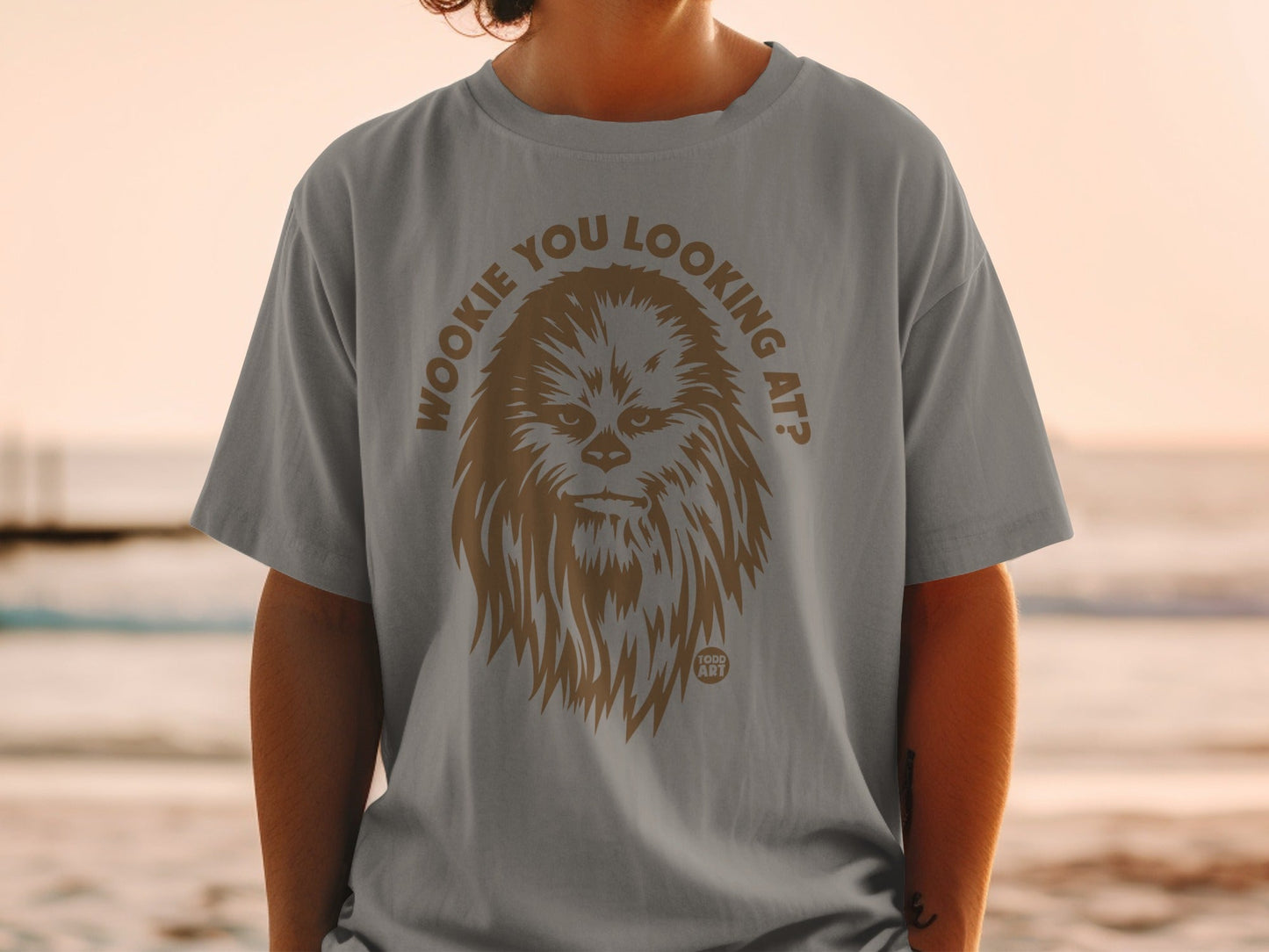 Gray t-shirt with Wookiee artwork and "Wookiee you looking at?" text.