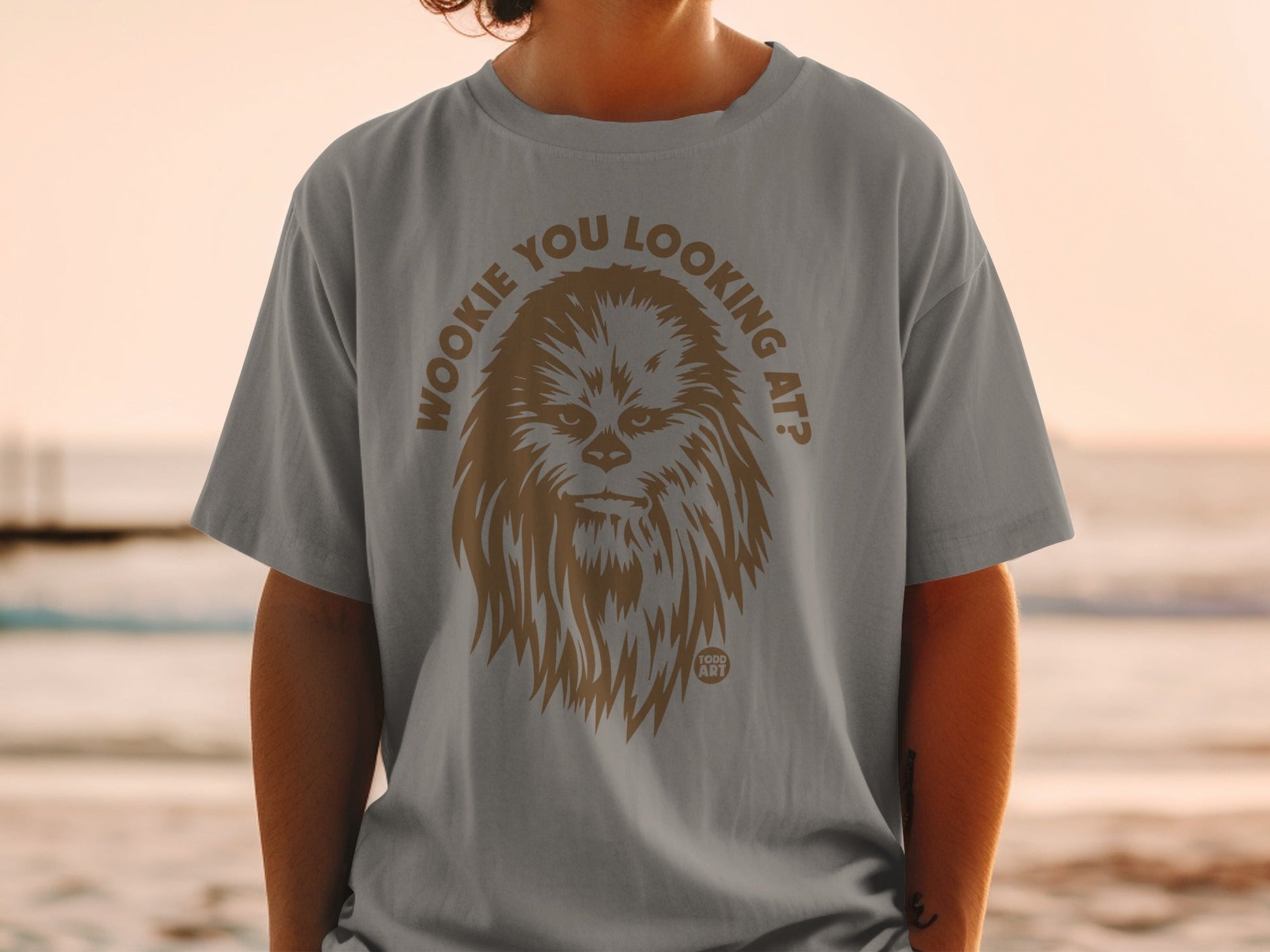 Gray t-shirt with Wookiee artwork and "Wookiee you looking at?" text.