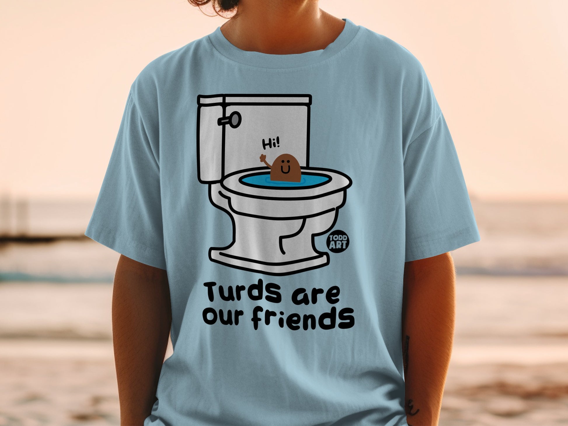 Light blue t-shirt with cartoon toilet and smiling poop saying "Hi!"