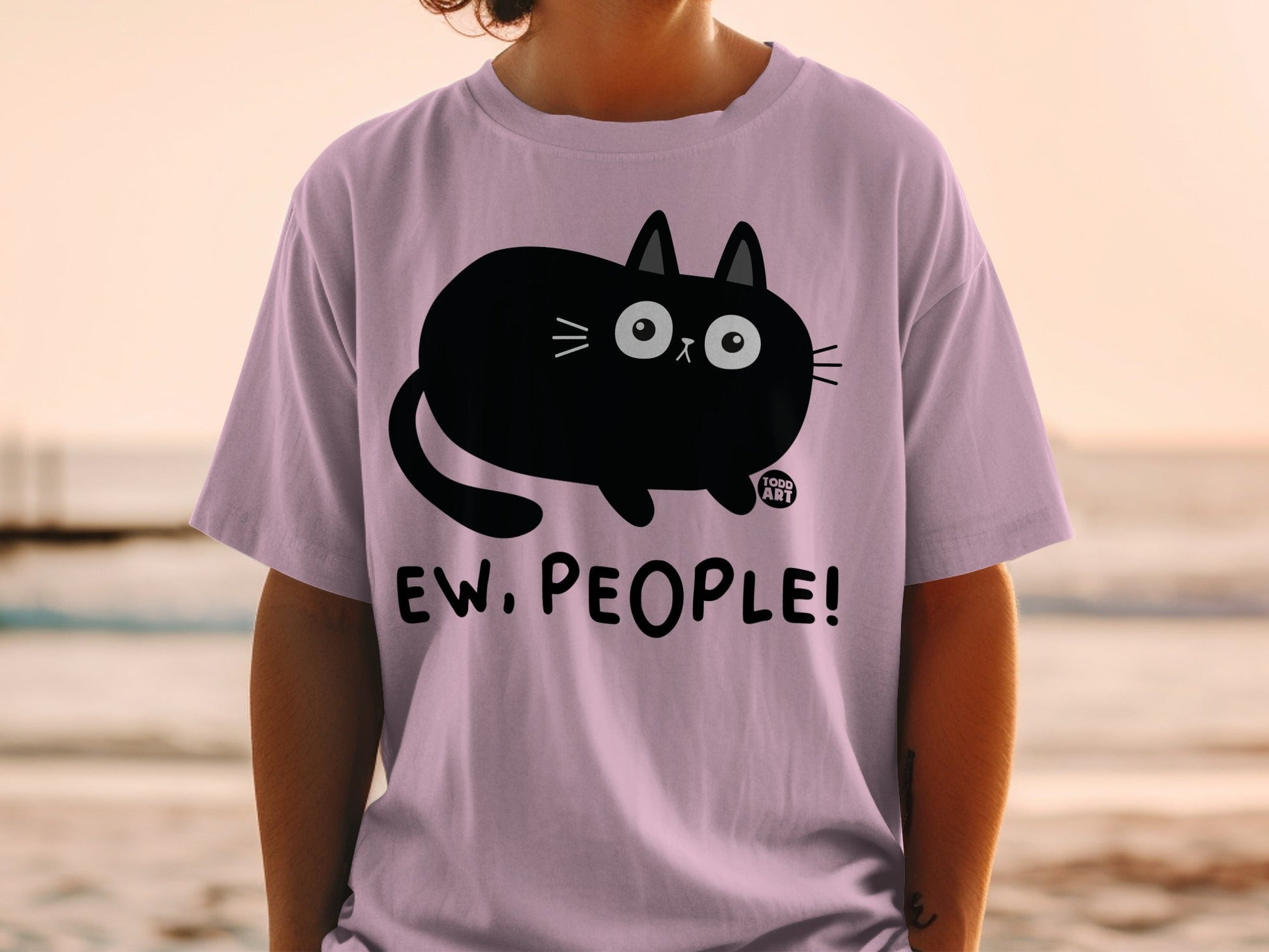 Ew People Black Cat Graphic Purple Shirt