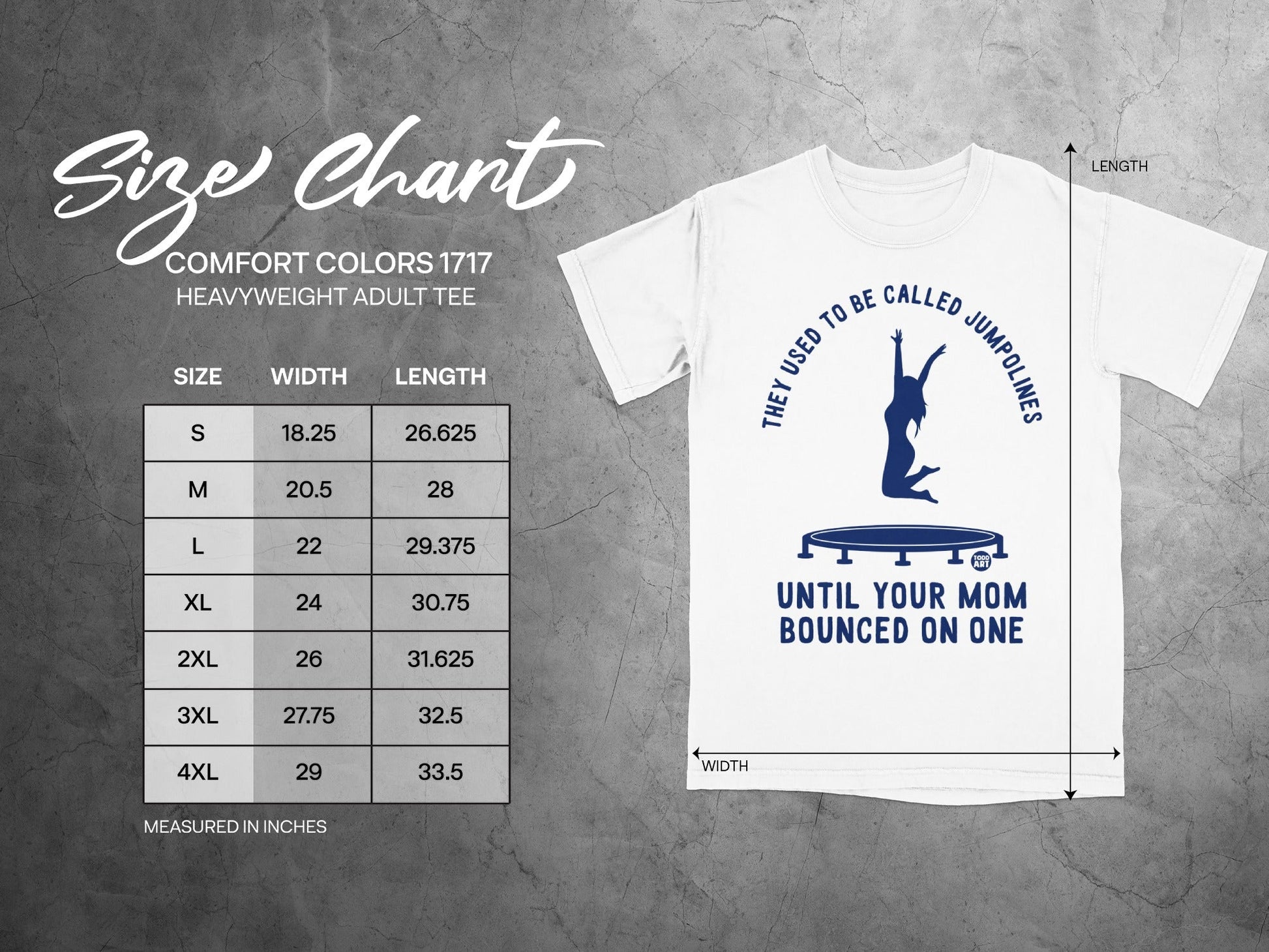 Size chart for Comfort Colors 1717 heavyweight adult tee with measurements.