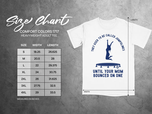 Size chart for Comfort Colors 1717 heavyweight adult tee with measurements.